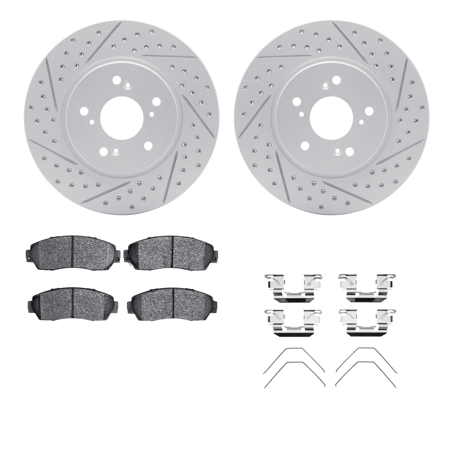 2512-59072 Geoperformance Drilled/Slotted Rotors w/5000 Advanced Brake Pads Kit & Hardware, 2007-2016 Acura/Honda, Position: Fro