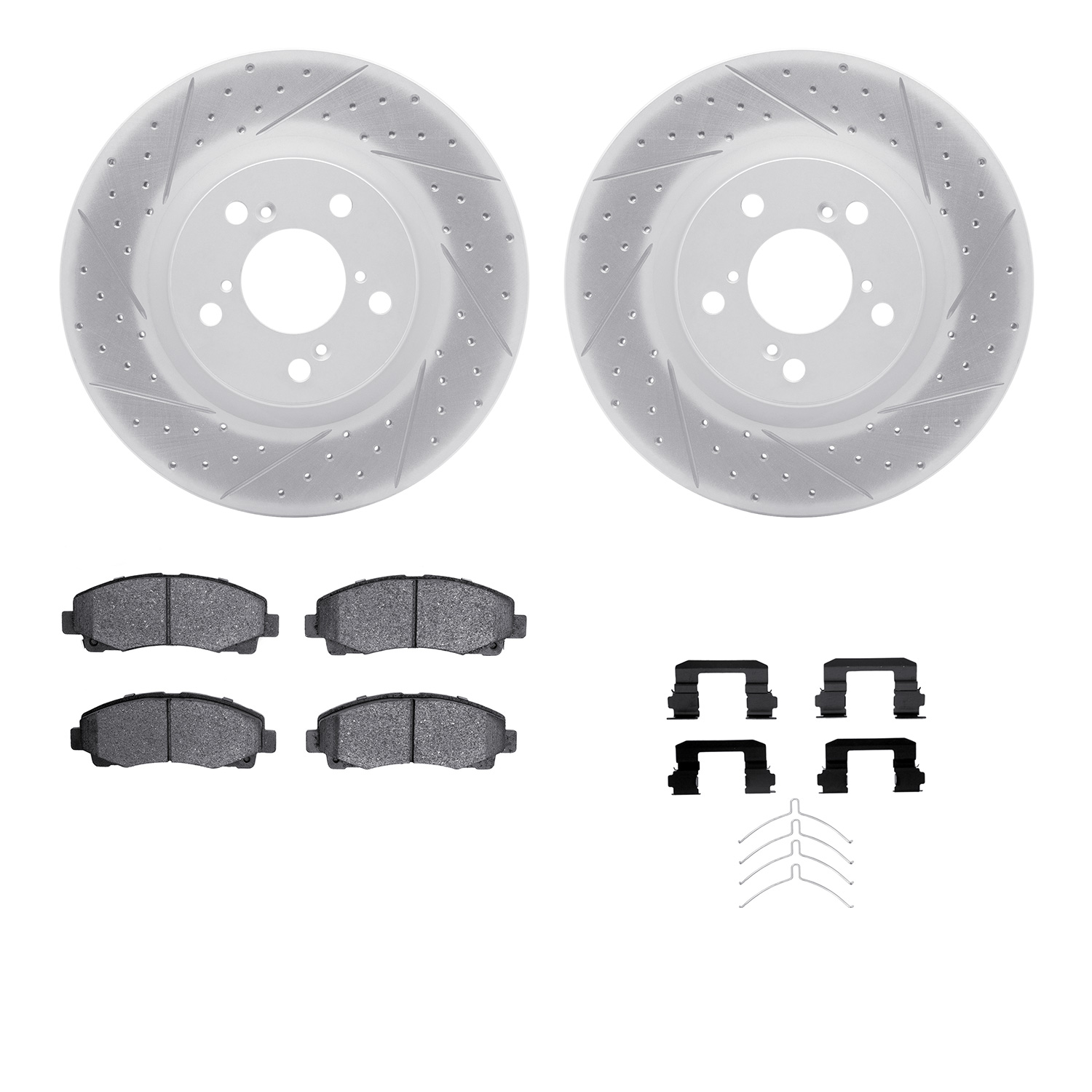 2512-59075 Geoperformance Drilled/Slotted Rotors w/5000 Advanced Brake Pads Kit & Hardware, 2009-2014 Acura/Honda, Position: Fro