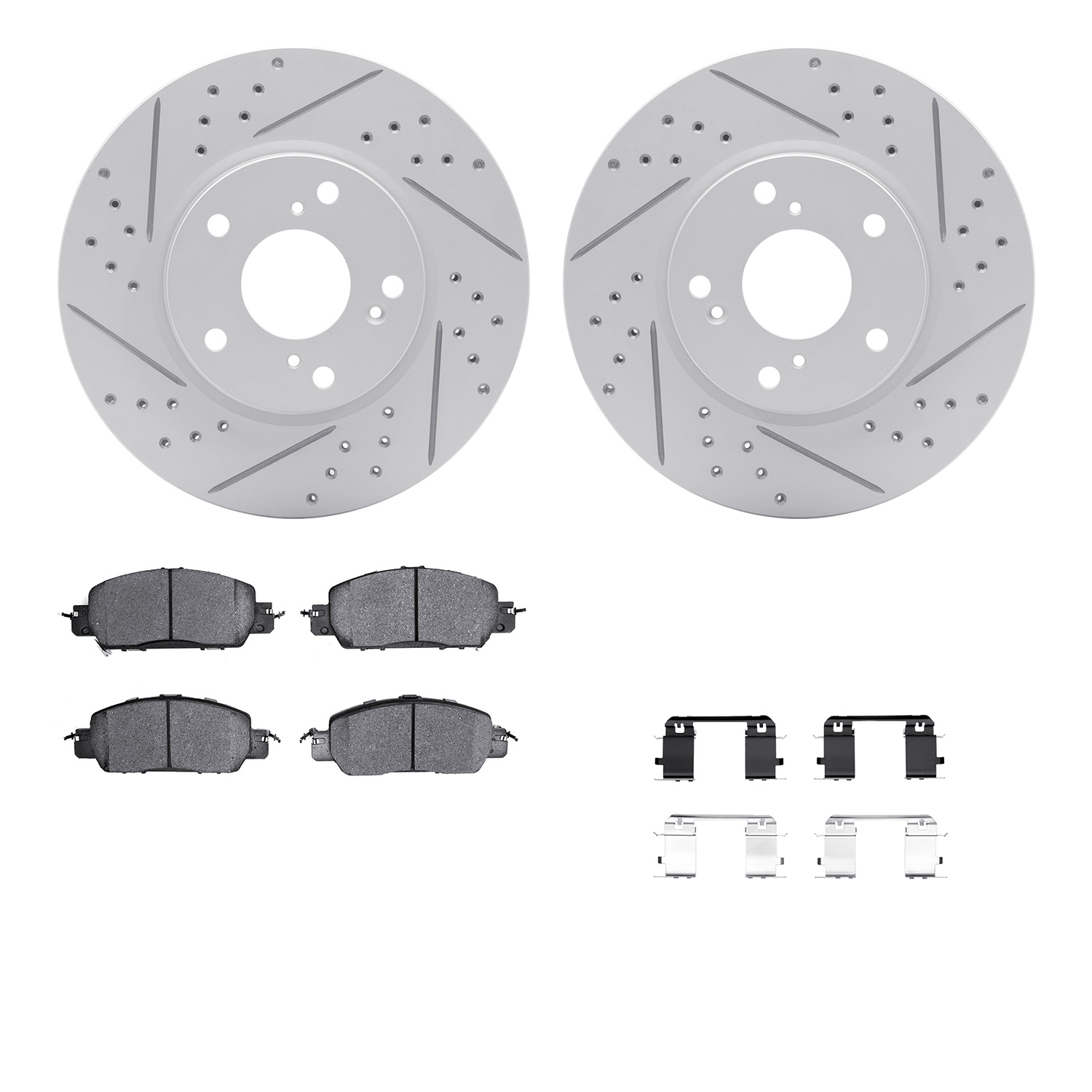 2512-59091 Geoperformance Drilled/Slotted Rotors w/5000 Advanced Brake Pads Kit & Hardware, 2016-2017 Acura/Honda, Position: Fro