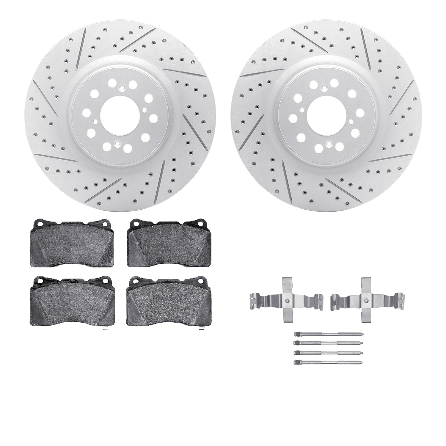 2512-59098 Geoperformance Drilled/Slotted Rotors w/5000 Advanced Brake Pads Kit & Hardware, 2017-2019 Acura/Honda, Position: Fro