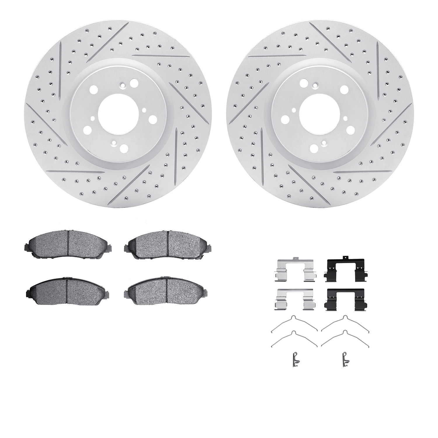 2512-59100 Geoperformance Drilled/Slotted Rotors w/5000 Advanced Brake Pads Kit & Hardware, 2007-2015 Acura/Honda, Position: Fro