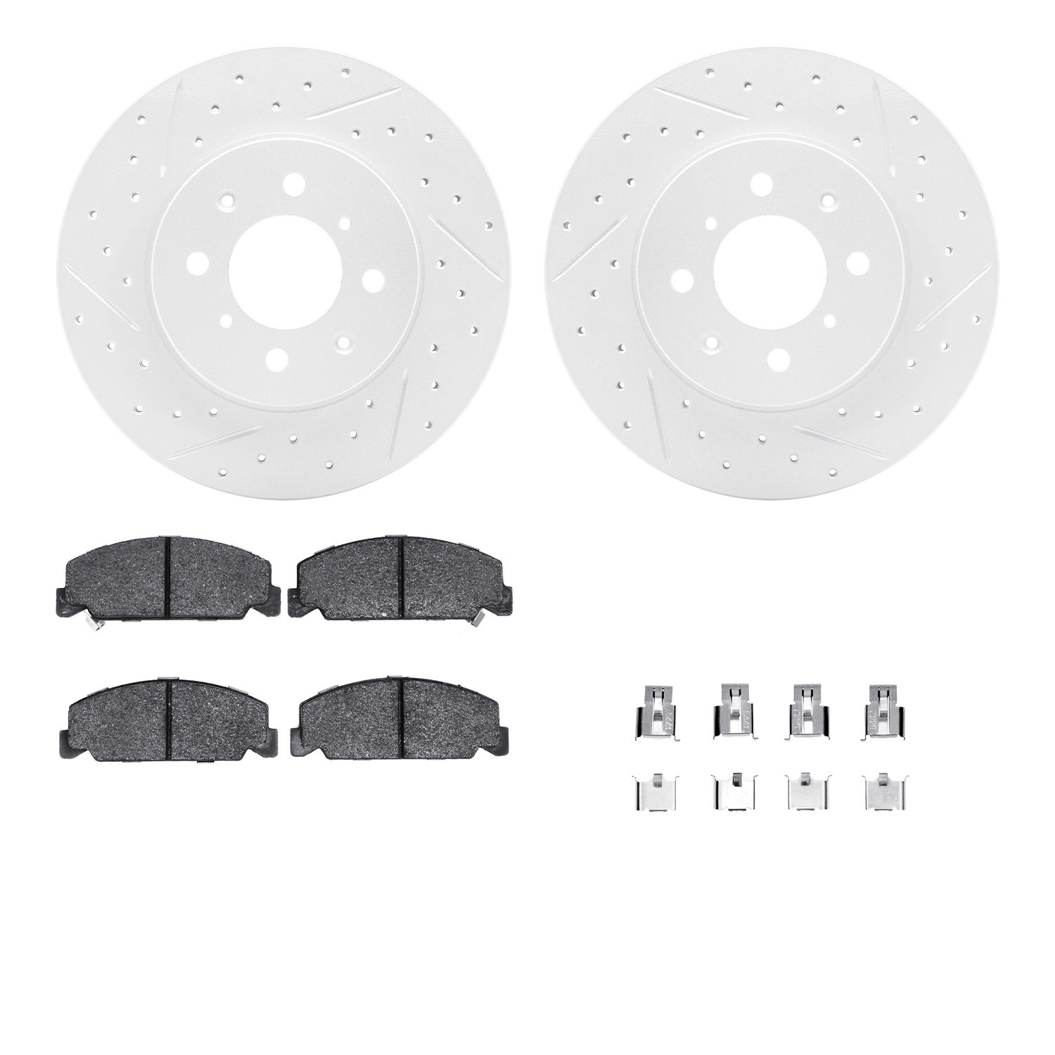 2512-59128 Geoperformance Drilled/Slotted Rotors w/5000 Advanced Brake Pads Kit & Hardware, 1994-1995 Acura/Honda, Position: Fro