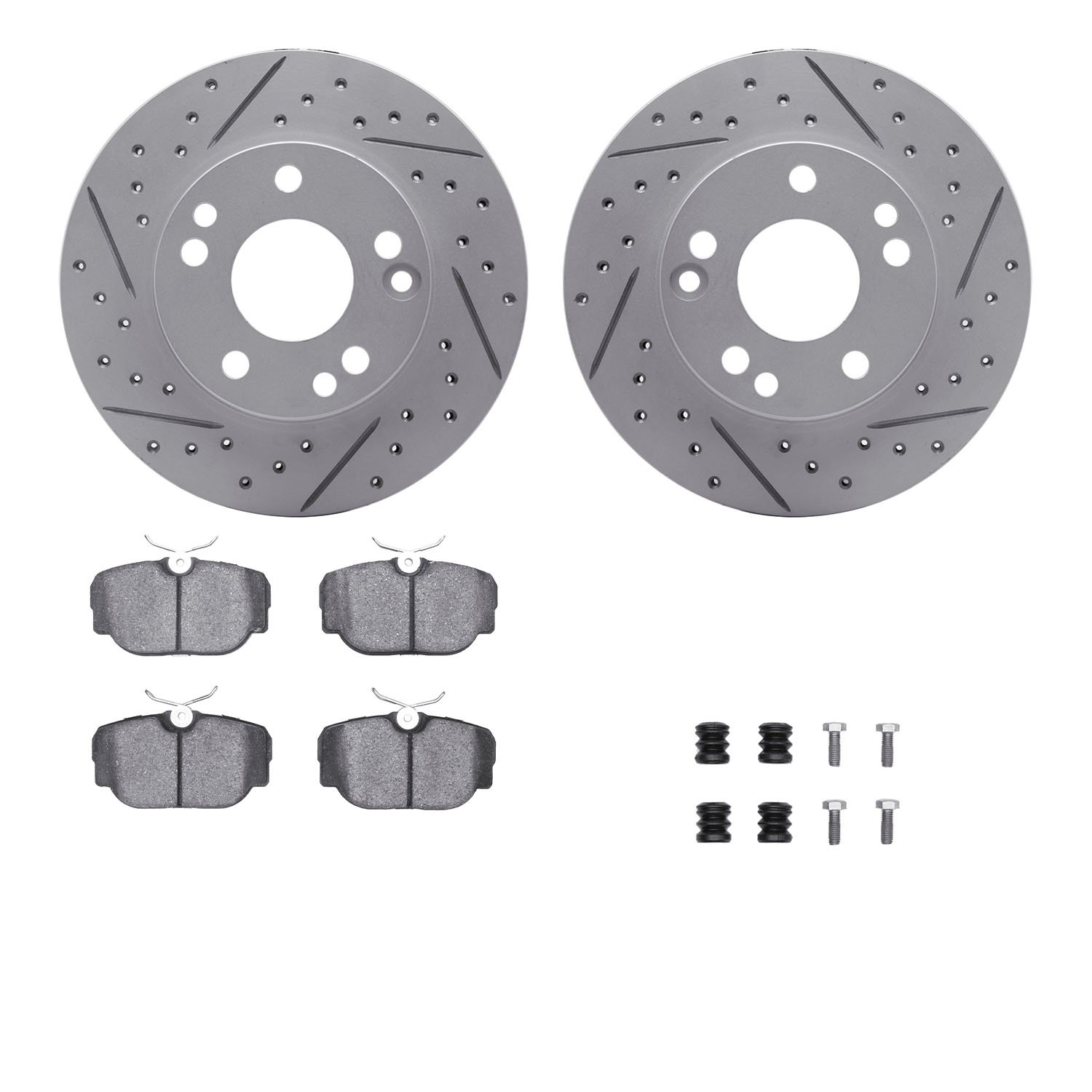 2512-63004 Geoperformance Drilled/Slotted Rotors w/5000 Advanced Brake Pads Kit & Hardware, 1987-1987 Mercedes-Benz, Position: F