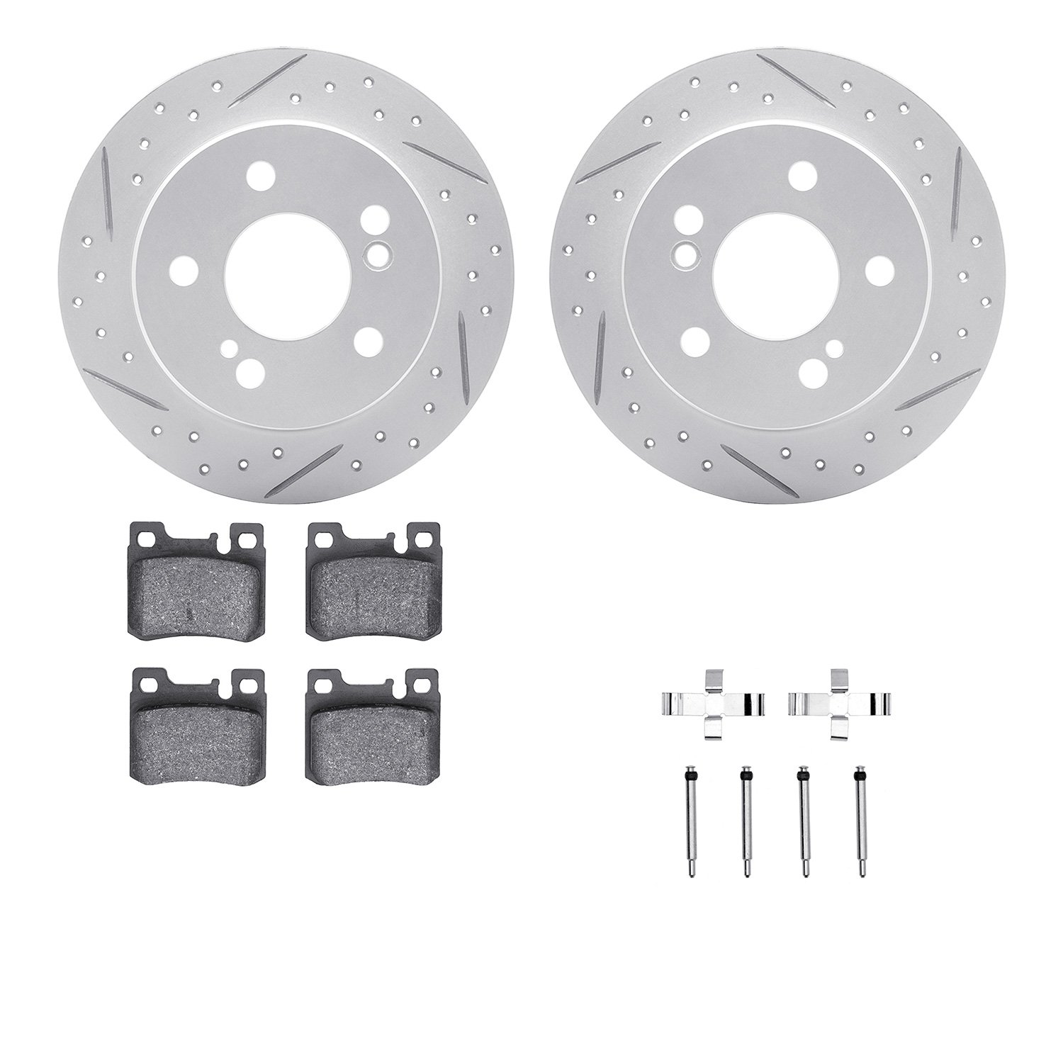 2512-63009 Geoperformance Drilled/Slotted Rotors w/5000 Advanced Brake Pads Kit & Hardware, 1986-1993 Mercedes-Benz, Position: R