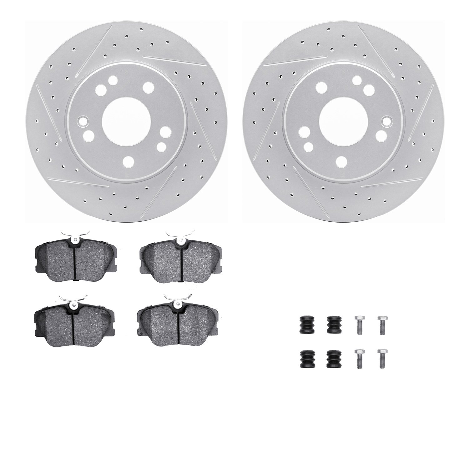 2512-63010 Geoperformance Drilled/Slotted Rotors w/5000 Advanced Brake Pads Kit & Hardware, 1984-1995 Mercedes-Benz, Position: F