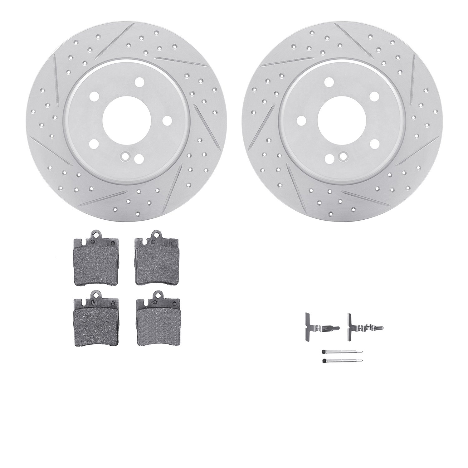 2512-63013 Geoperformance Drilled/Slotted Rotors w/5000 Advanced Brake Pads Kit & Hardware, 1996-2011 Mercedes-Benz, Position: R