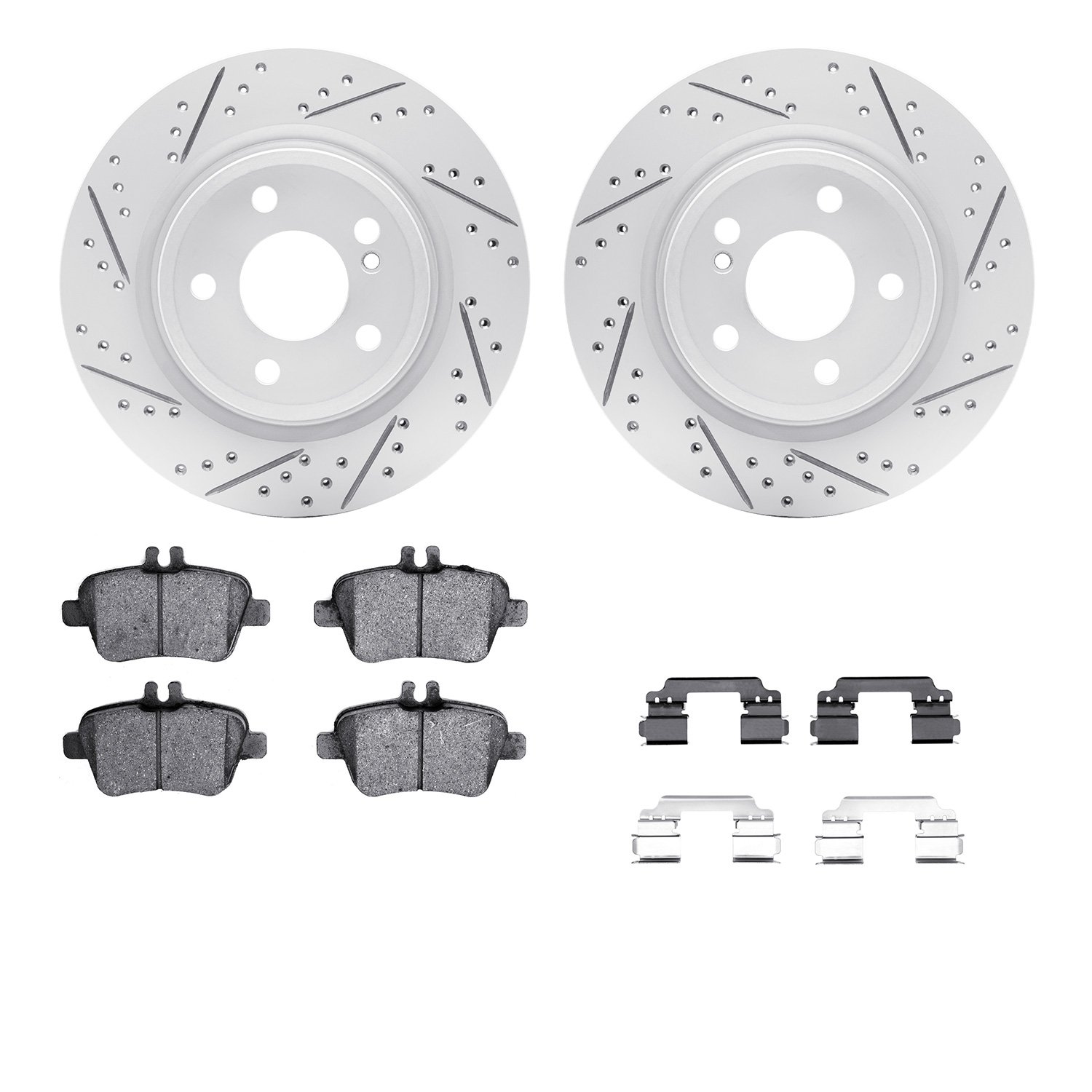 2512-63050 Geoperformance Drilled/Slotted Rotors w/5000 Advanced Brake Pads Kit & Hardware, 2014-2019 Mercedes-Benz, Position: R