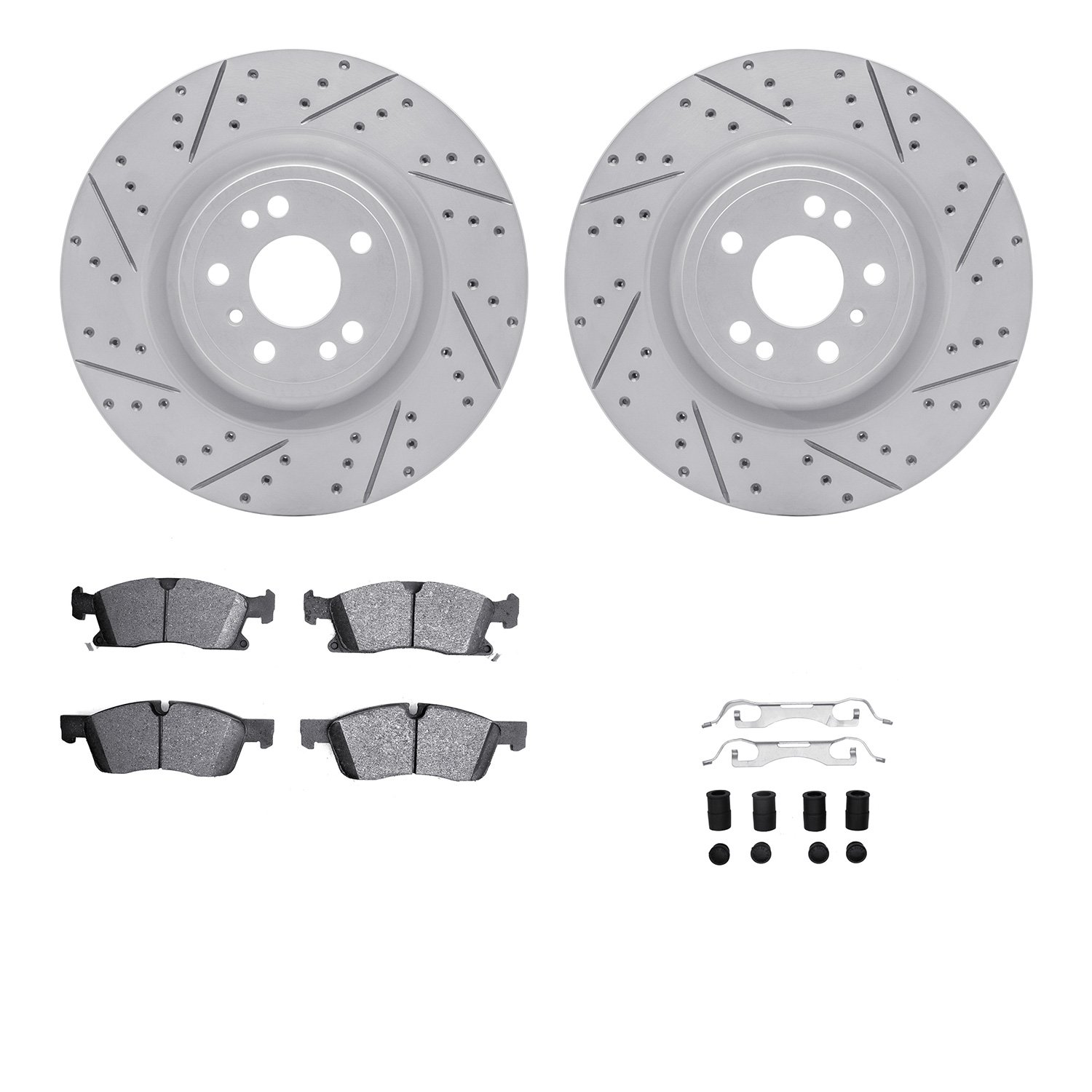 2512-63148 Geoperformance Drilled/Slotted Rotors w/5000 Advanced Brake Pads Kit & Hardware, 2017-2019 Mercedes-Benz, Position: F