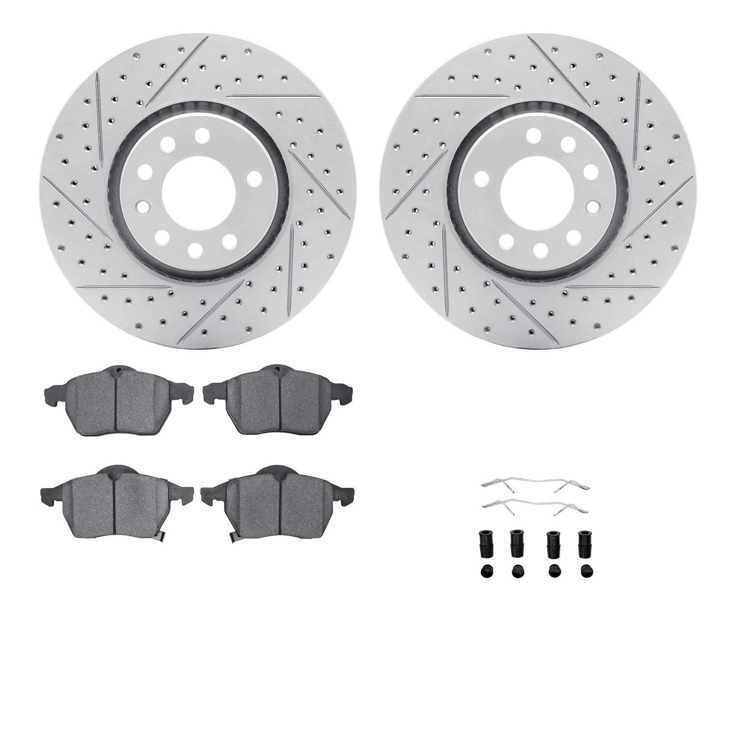 2512-65004 Geoperformance Drilled/Slotted Rotors w/5000 Advanced Brake Pads Kit & Hardware, 2006-2006 GM, Position: Front