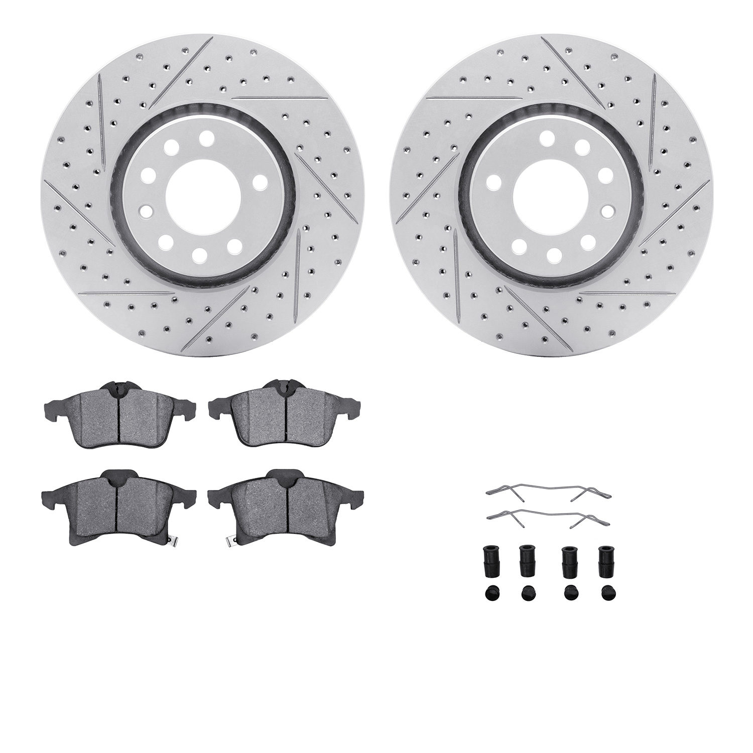 2512-65005 Geoperformance Drilled/Slotted Rotors w/5000 Advanced Brake Pads Kit & Hardware, 2004-2008 GM, Position: Front
