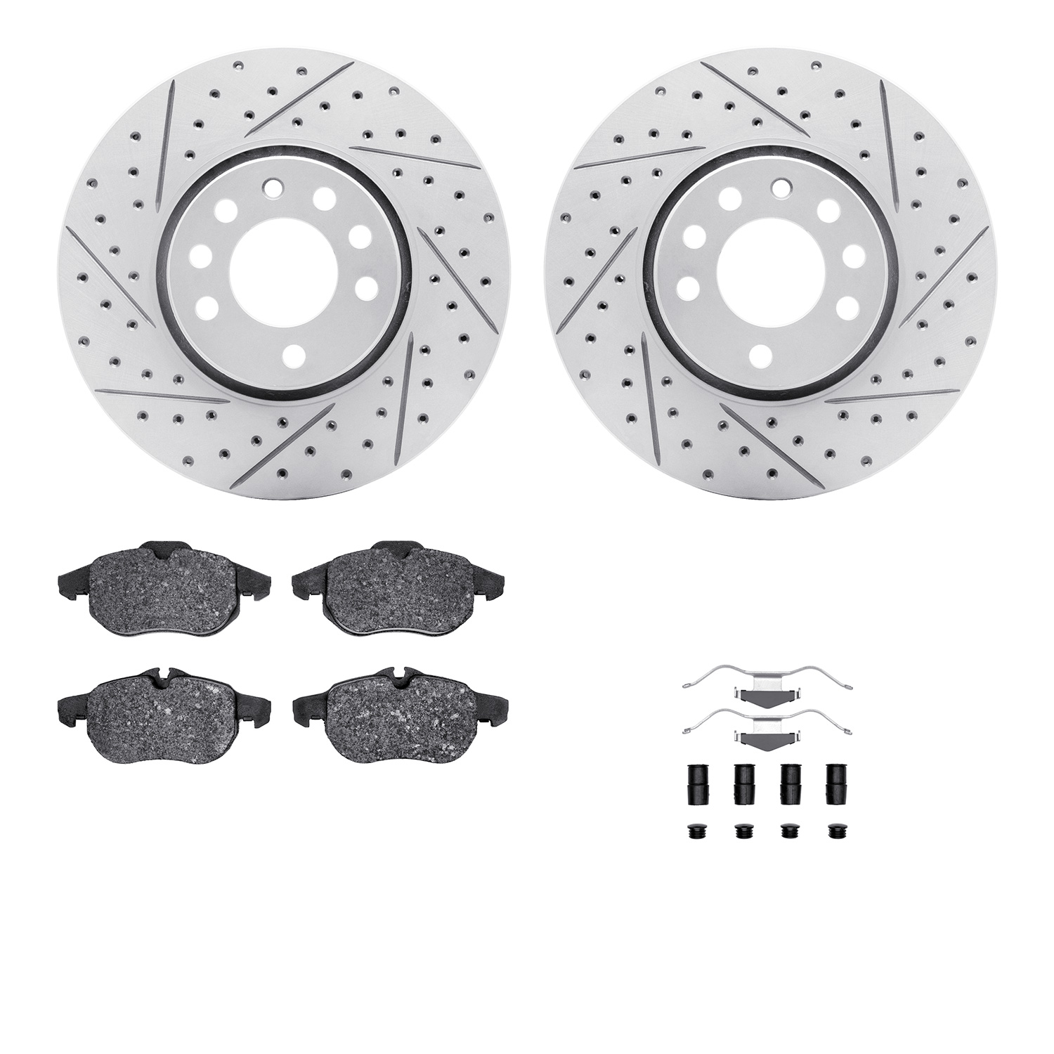 2512-65009 Geoperformance Drilled/Slotted Rotors w/5000 Advanced Brake Pads Kit & Hardware, 2003-2005 GM, Position: Front