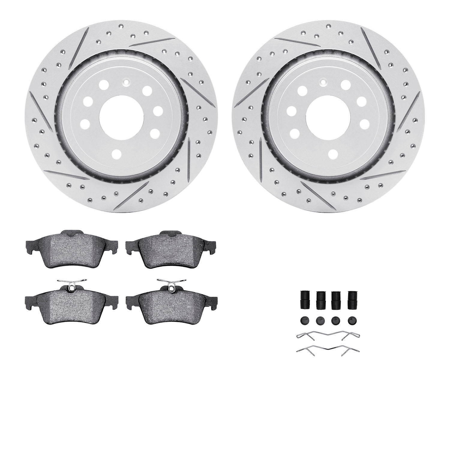 2512-65013 Geoperformance Drilled/Slotted Rotors w/5000 Advanced Brake Pads Kit & Hardware, 2003-2003 GM, Position: Rear
