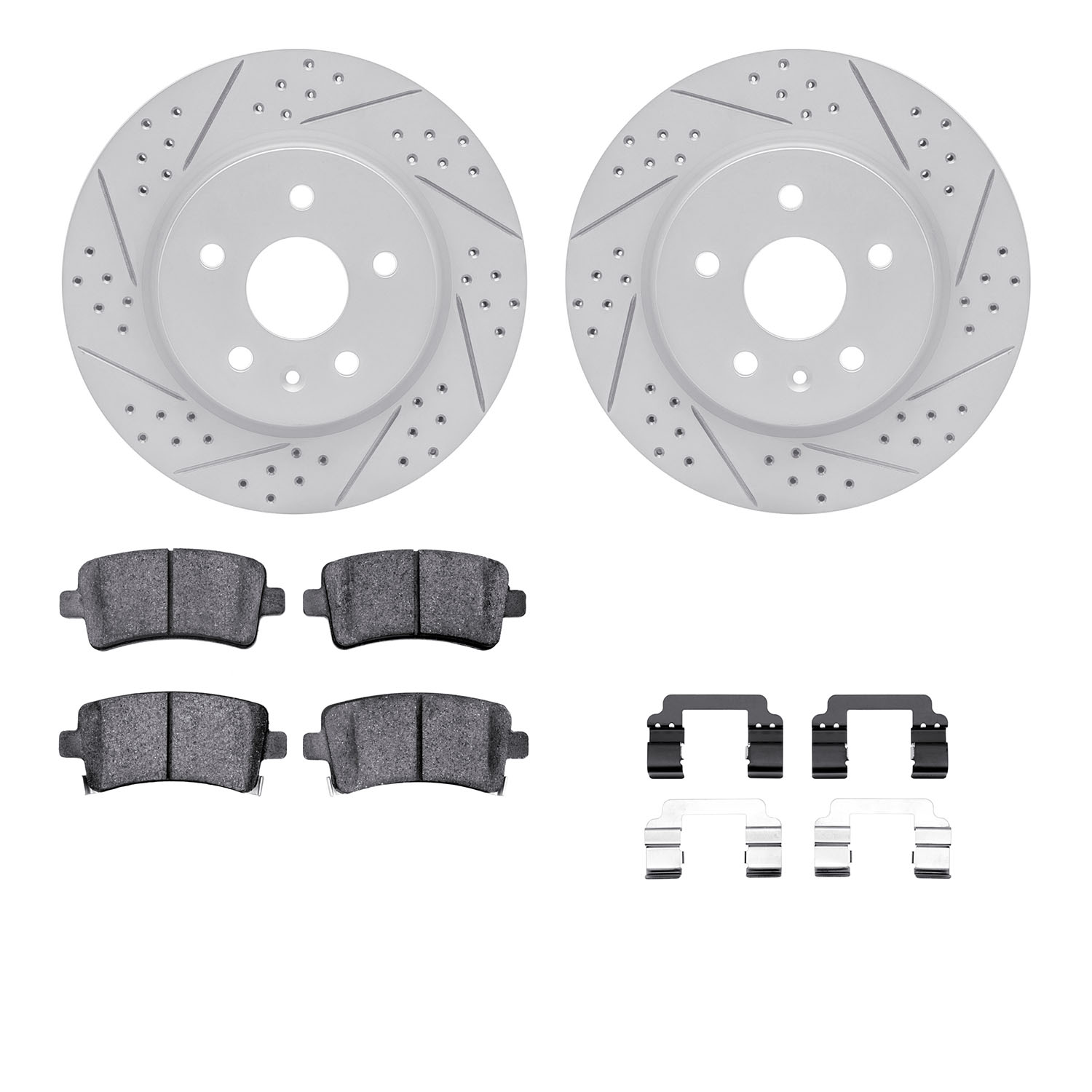 2512-65020 Geoperformance Drilled/Slotted Rotors w/5000 Advanced Brake Pads Kit & Hardware, 2011-2013 GM, Position: Rear