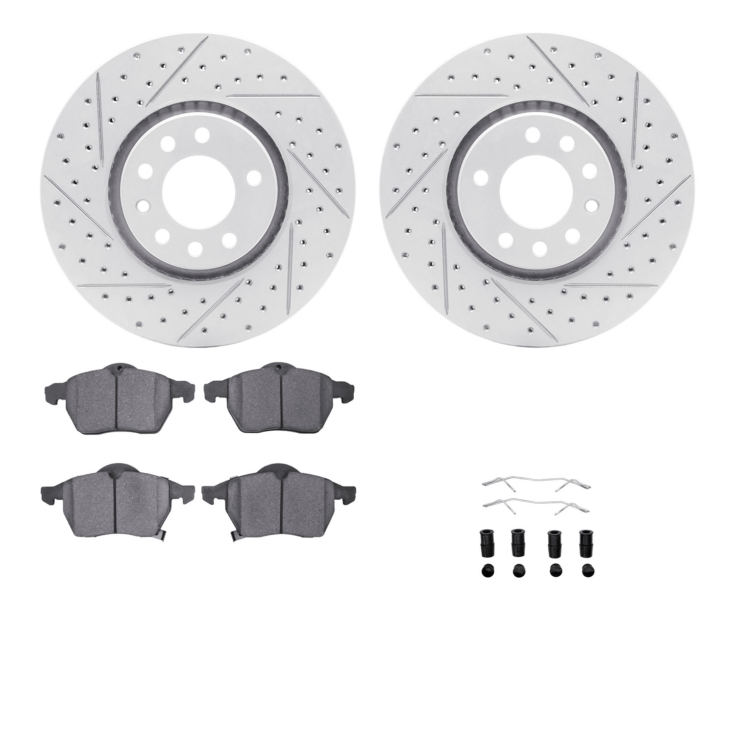 2512-65034 Geoperformance Drilled/Slotted Rotors w/5000 Advanced Brake Pads Kit & Hardware, 1999-2010 GM, Position: Front