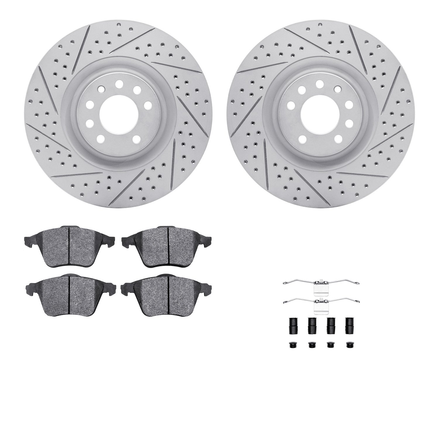 2512-65062 Geoperformance Drilled/Slotted Rotors w/5000 Advanced Brake Pads Kit & Hardware, 2008-2011 GM, Position: Front
