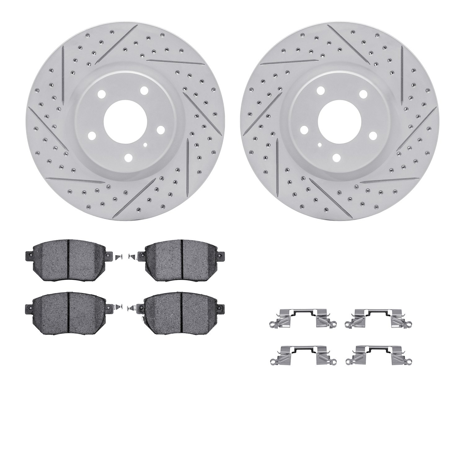 2512-67105 Geoperformance Drilled/Slotted Rotors w/5000 Advanced Brake Pads Kit & Hardware, 2003-2011 Infiniti/Nissan, Position: