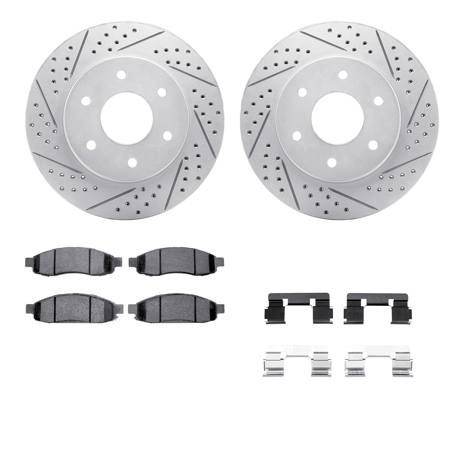 2512-67112 Geoperformance Drilled/Slotted Rotors w/5000 Advanced Brake Pads Kit & Hardware, 2004-2005 Infiniti/Nissan, Position: