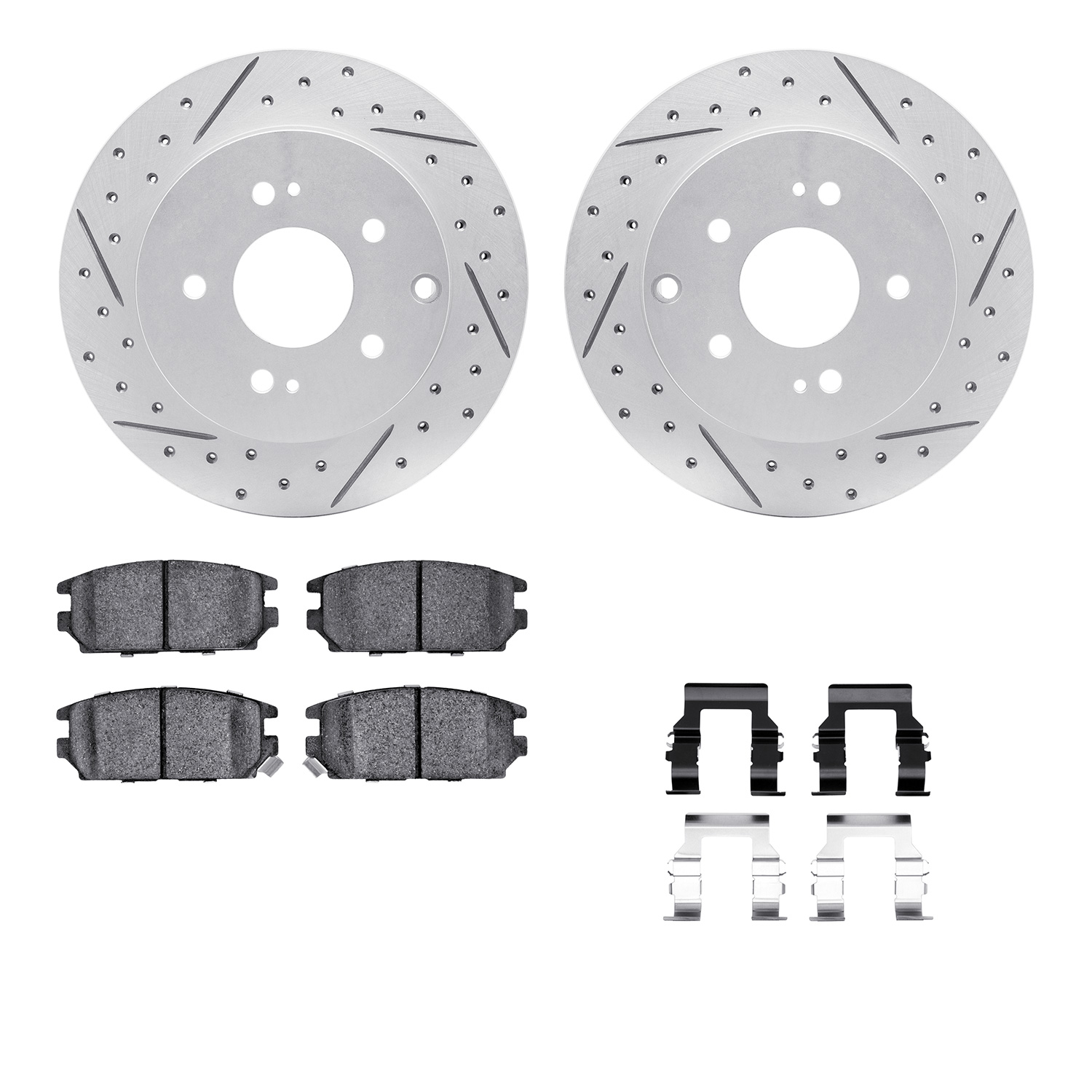 2512-72024 Geoperformance Drilled/Slotted Rotors w/5000 Advanced Brake Pads Kit & Hardware, 2006-2012 Mitsubishi, Position: Rear