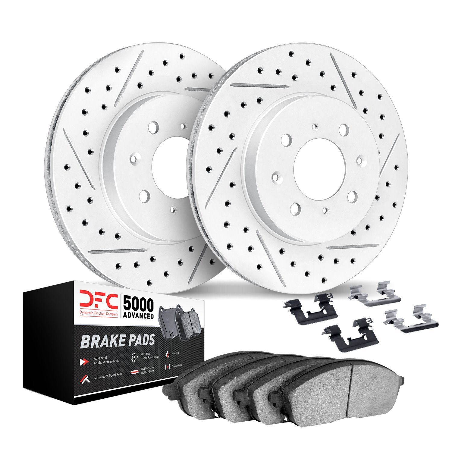 2512-72028 Geoperformance Drilled/Slotted Rotors w/5000 Advanced Brake Pads Kit & Hardware, 2014-2015 Mitsubishi, Position: Fron