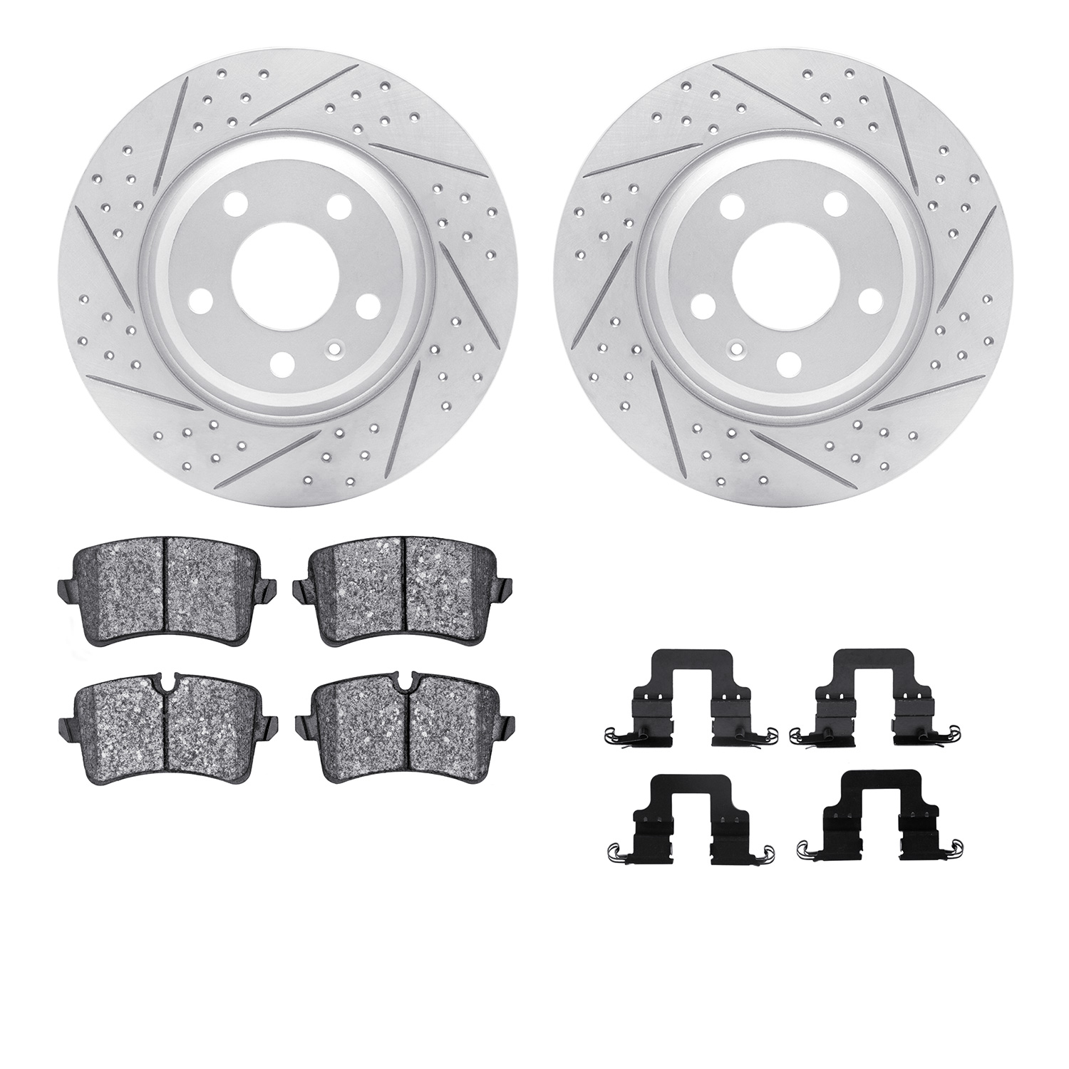 2512-73051 Geoperformance Drilled/Slotted Rotors w/5000 Advanced Brake Pads Kit & Hardware, 2012-2013 Audi/Volkswagen, Position: