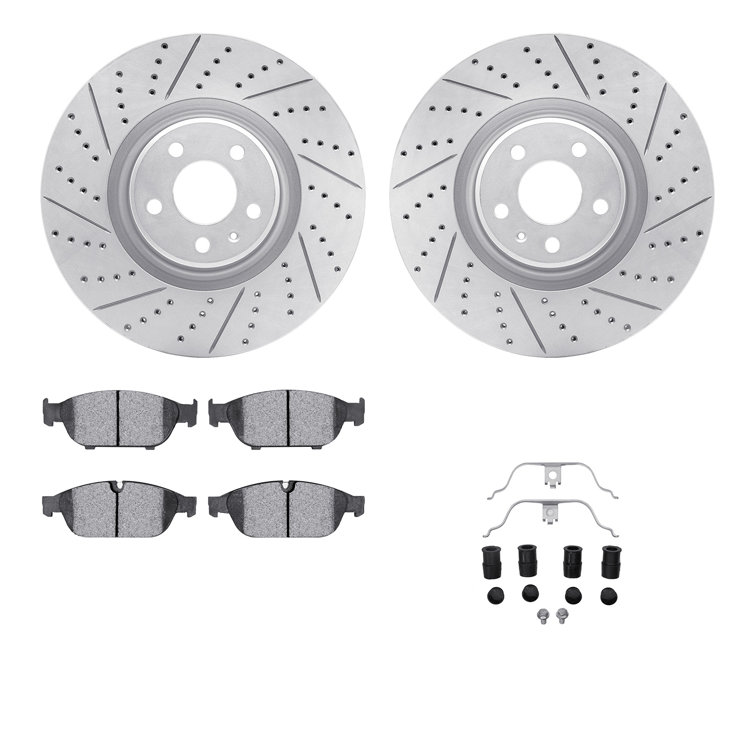 2512-73053 Geoperformance Drilled/Slotted Rotors w/5000 Advanced Brake Pads Kit & Hardware, 2012-2014 Audi/Volkswagen, Position: