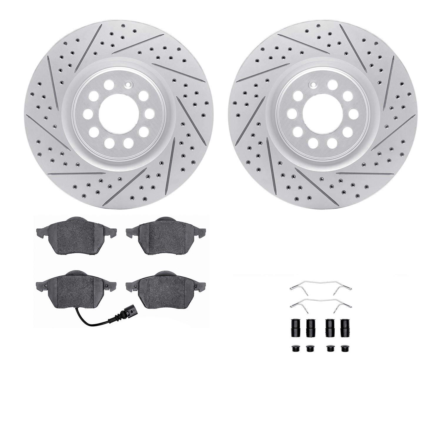 2512-74032 Geoperformance Drilled/Slotted Rotors w/5000 Advanced Brake Pads Kit & Hardware, 2003-2006 Audi/Volkswagen, Position: