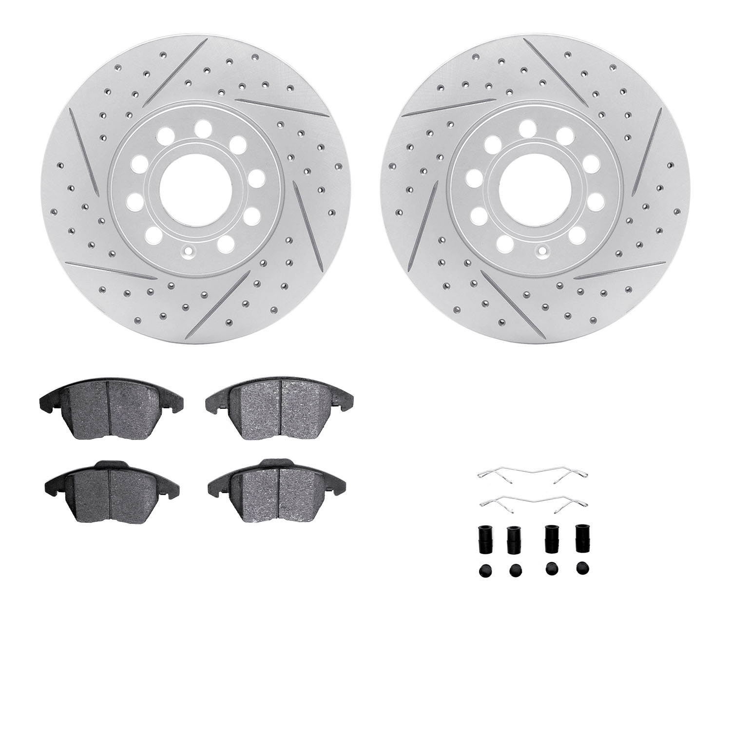 2512-74042 Geoperformance Drilled/Slotted Rotors w/5000 Advanced Brake Pads Kit & Hardware, 2005-2013 Audi/Volkswagen, Position: