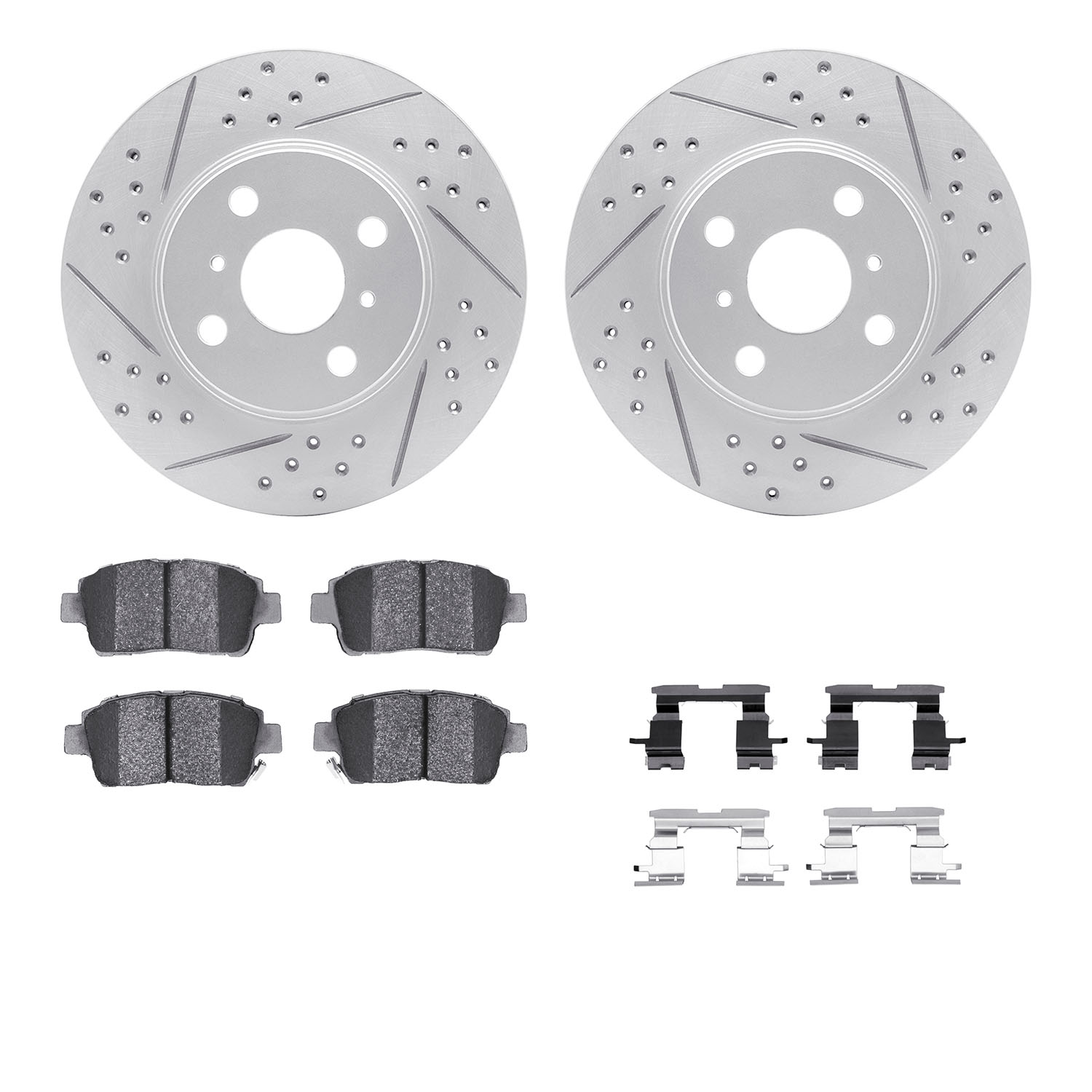 2512-91004 Geoperformance Drilled/Slotted Rotors w/5000 Advanced Brake Pads Kit & Hardware, 2004-2006 Lexus/Toyota/Scion, Positi