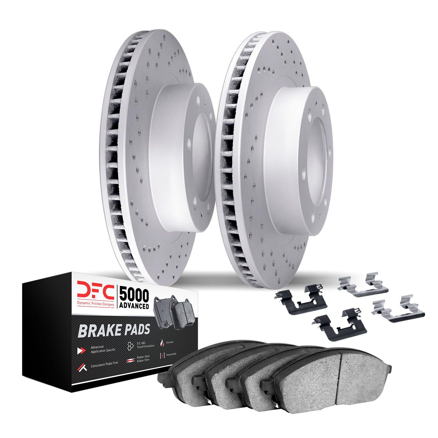 2512-93000 Geoperformance Drilled Brake Rotors w/5000 Advanced Brake Pads Kit & Hardware, 2006-2010 GM, Position: Front