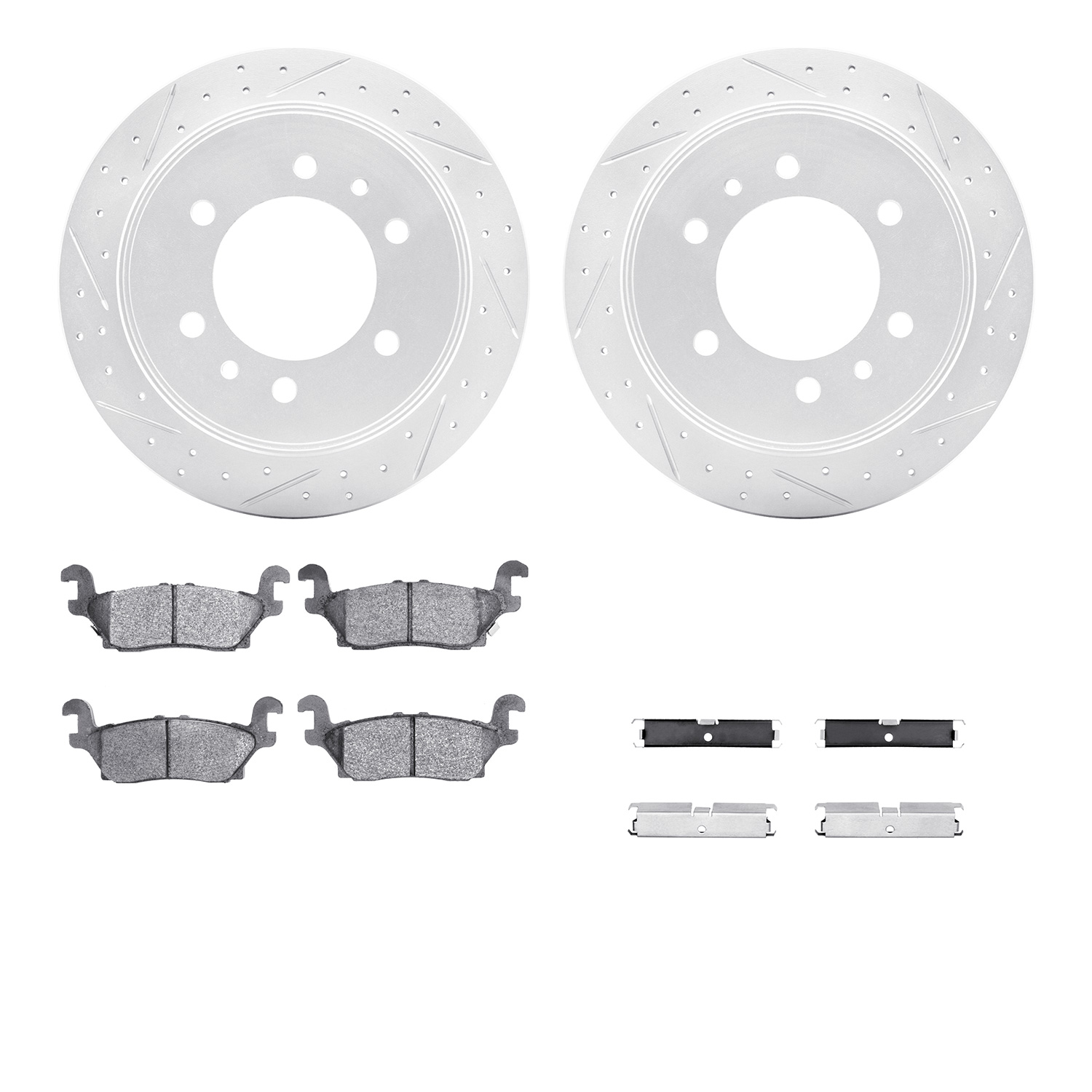 2512-93002 Geoperformance Drilled/Slotted Rotors w/5000 Advanced Brake Pads Kit & Hardware, 2006-2010 GM, Position: Rear