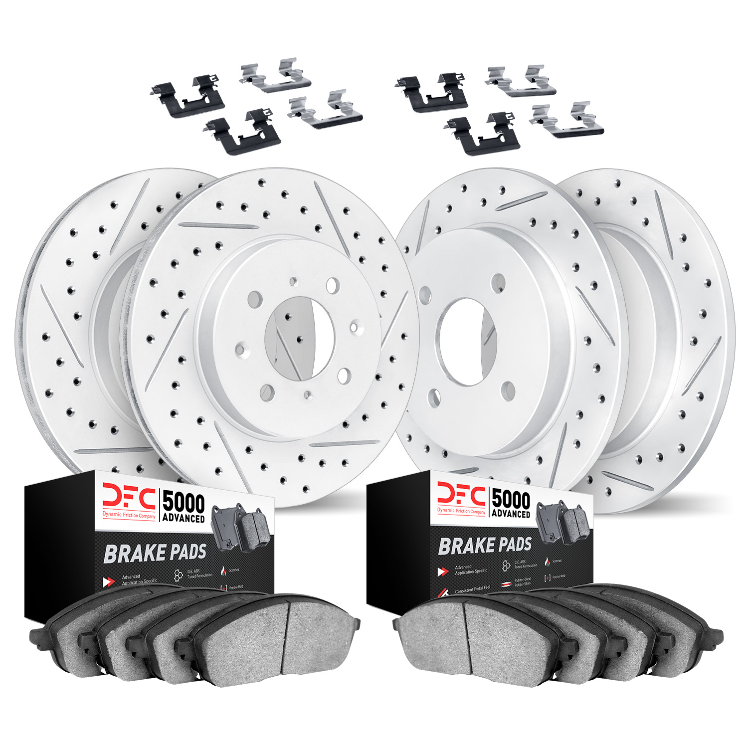2514-07000 Geoperformance Drilled/Slotted Rotors w/5000 Advanced Brake Pads Kit & Hardware, 2012-2019 Mopar, Position: Front and