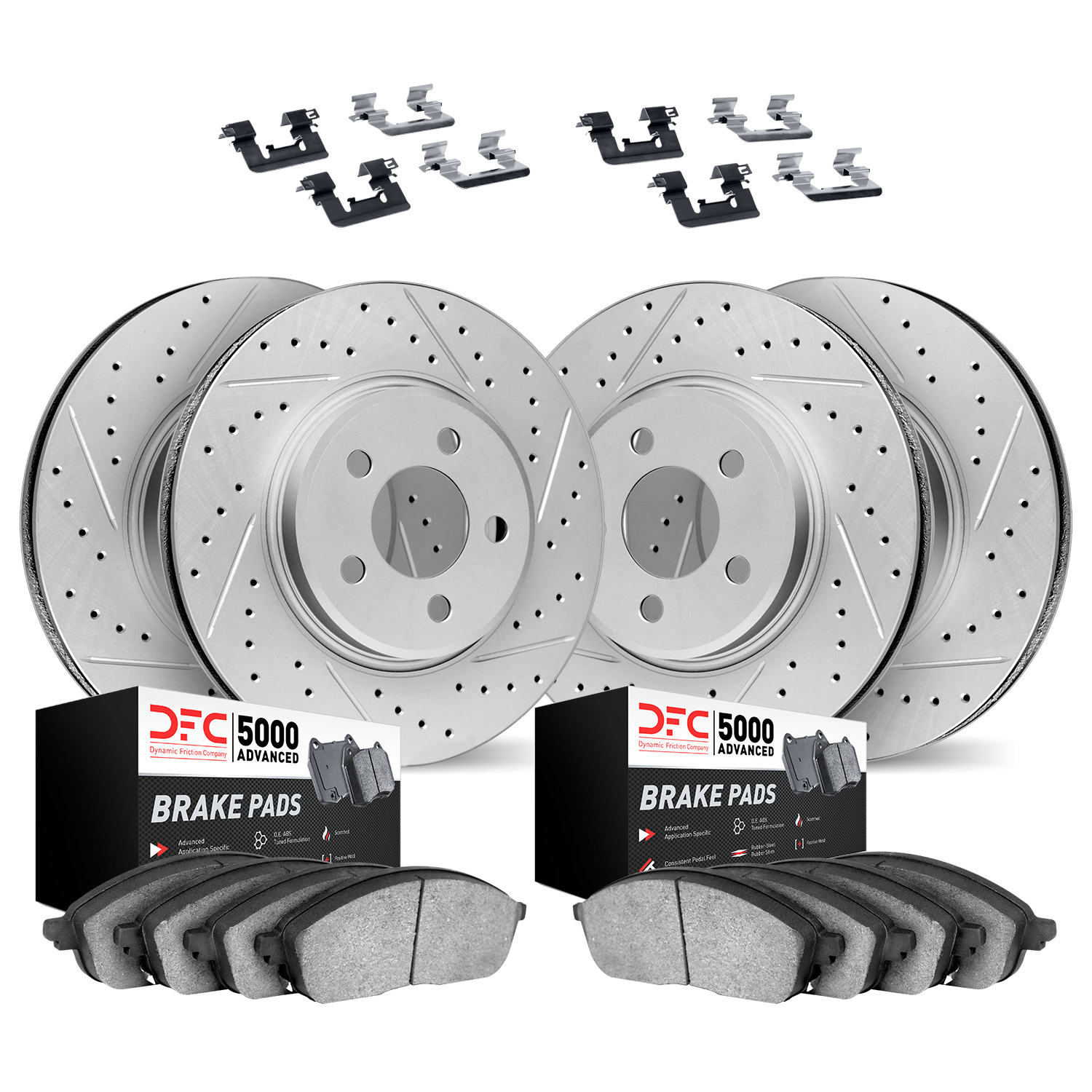 2514-20000 Geoperformance Drilled/Slotted Rotors w/5000 Advanced Brake Pads Kit & Hardware, 1998-2003 Jaguar, Position: Front an