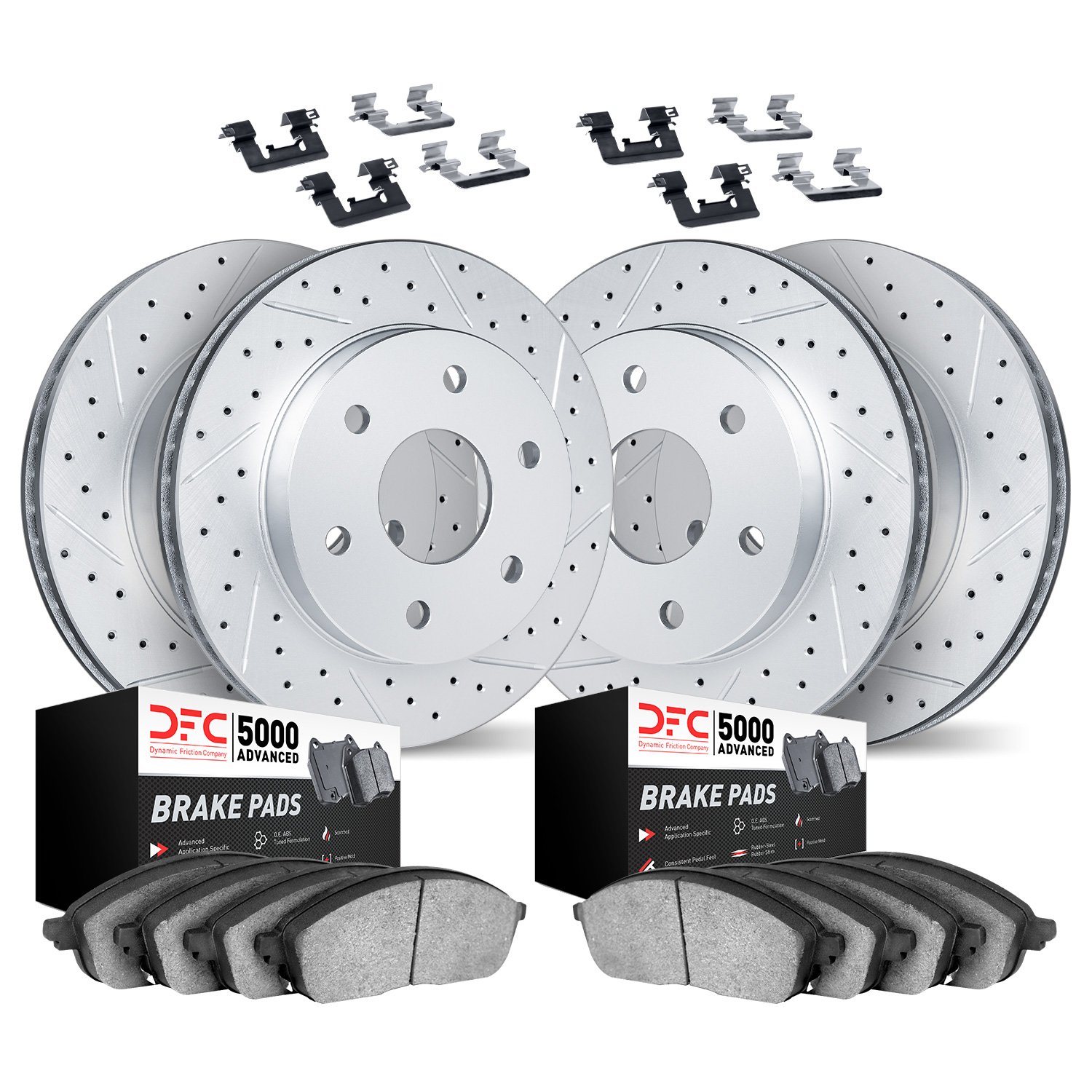 2514-46026 Geoperformance Drilled/Slotted Rotors w/5000 Advanced Brake Pads Kit & Hardware, 2013-2019 GM, Position: Front and Re