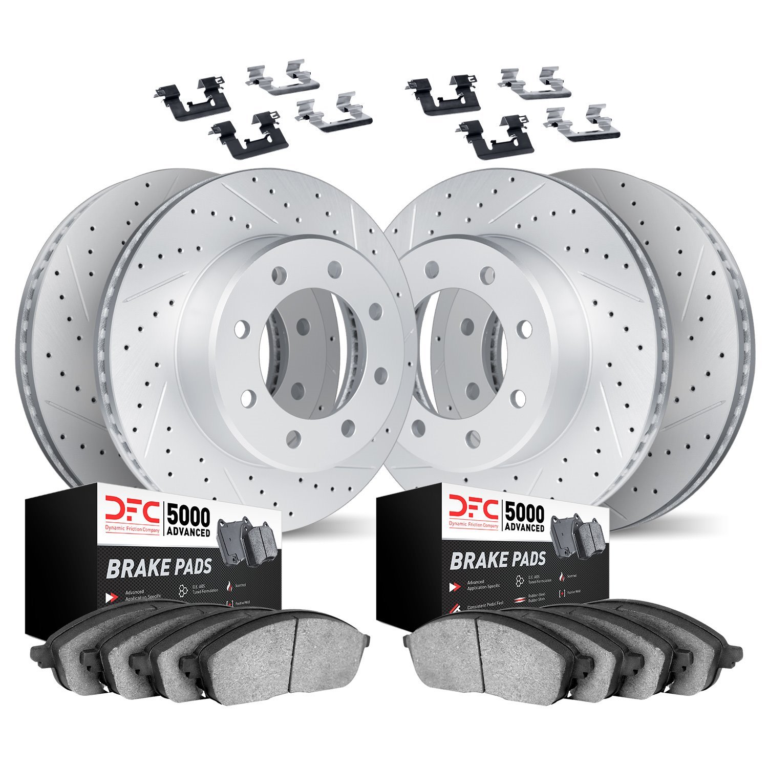 2514-48011 Geoperformance Drilled/Slotted Rotors w/5000 Advanced Brake Pads Kit & Hardware, 1999-2009 GM, Position: Front and Re