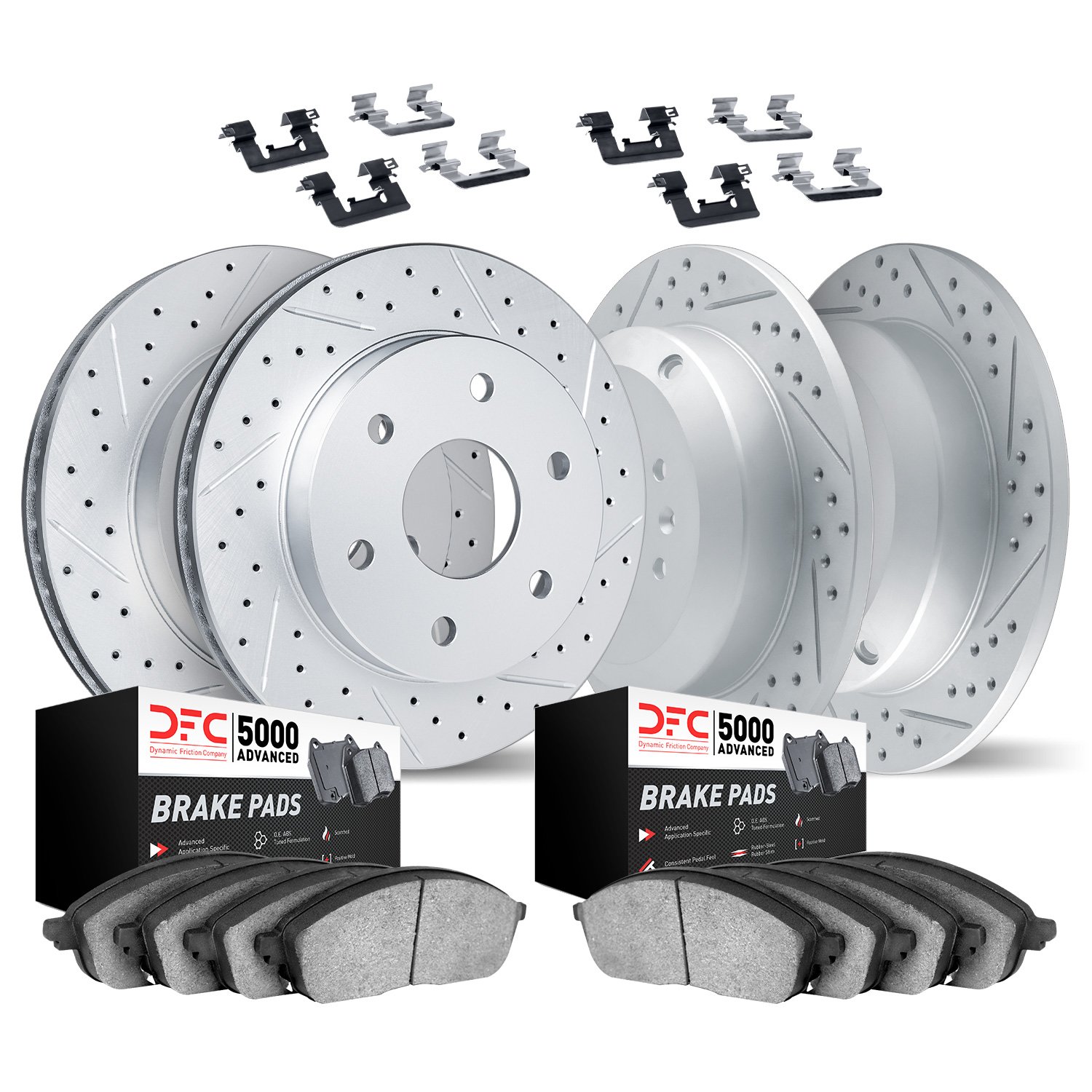 2514-52007 Geoperformance Drilled/Slotted Rotors w/5000 Advanced Brake Pads Kit & Hardware, 2006-2009 GM, Position: Front and Re