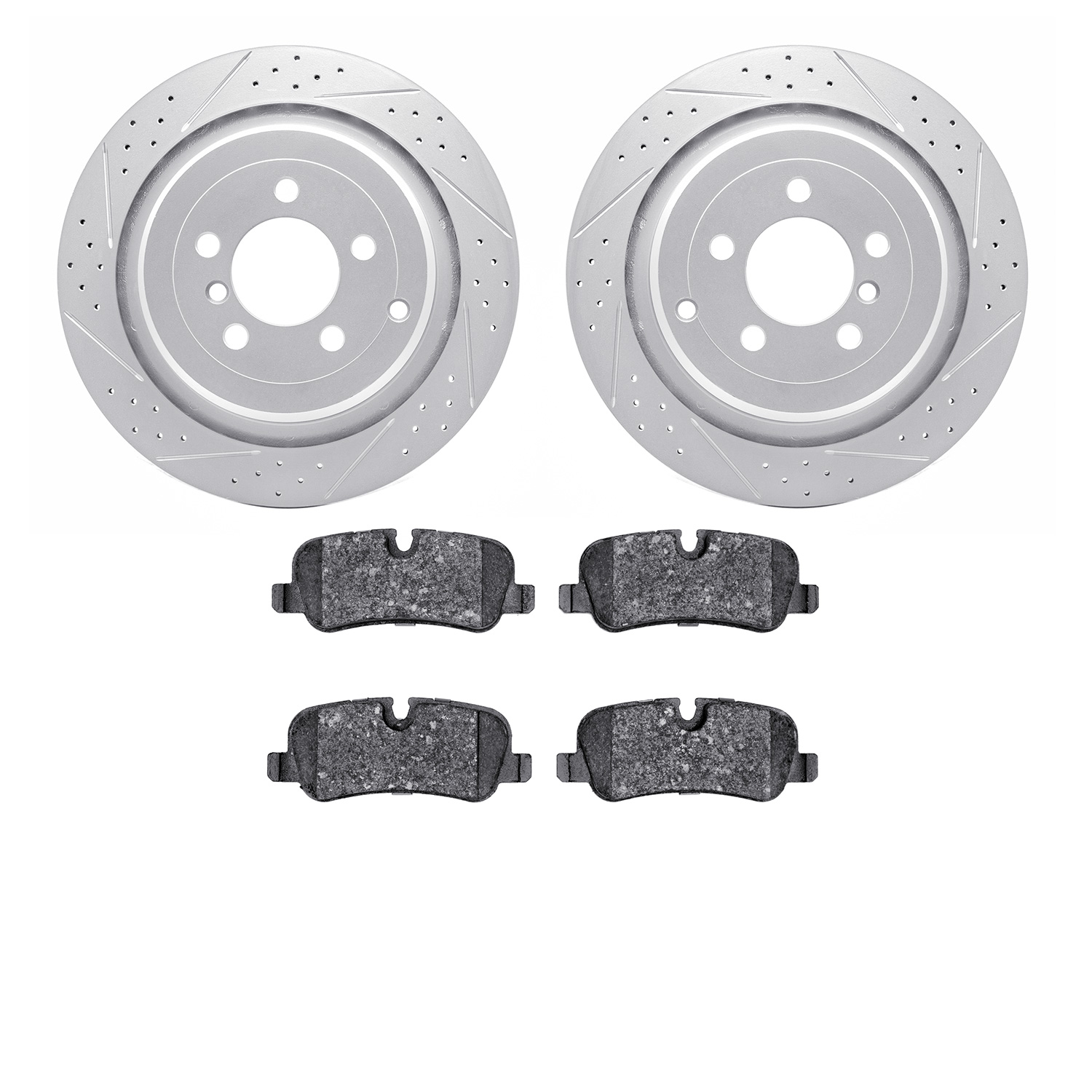 2602-11042 Geoperformance Drilled/Slotted Rotors w/5000 Euro Ceramic Brake Pads Kit, 2006-2012 Land Rover, Position: Rear