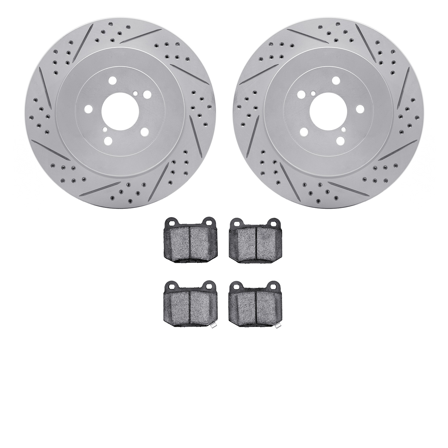 2602-13009 Geoperformance Drilled/Slotted Rotors w/5000 Euro Ceramic Brake Pads Kit, 2003-2004 Subaru, Position: Rear