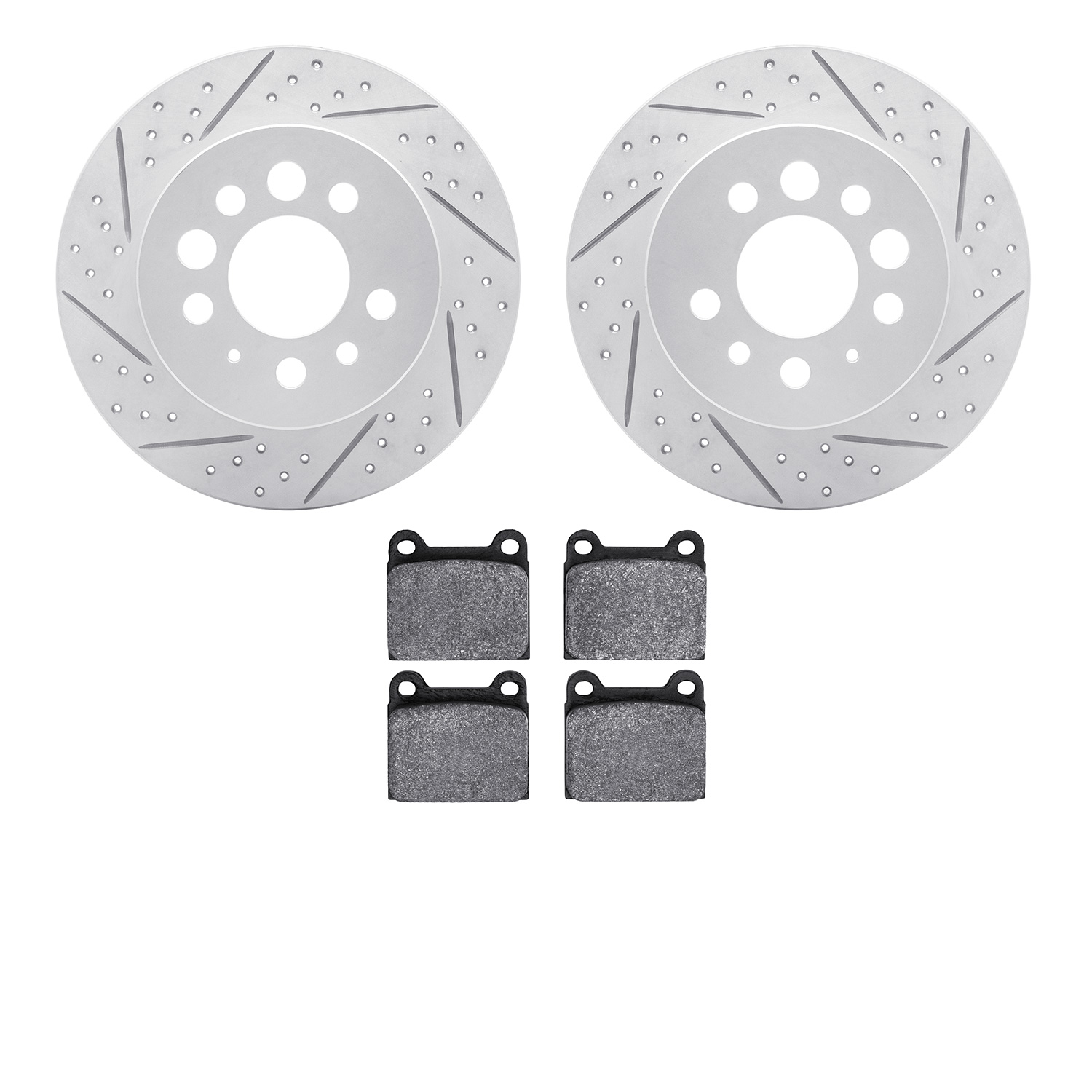 2602-27003 Geoperformance Drilled/Slotted Rotors w/5000 Euro Ceramic Brake Pads Kit, 1974-1997 Volvo, Position: Rear