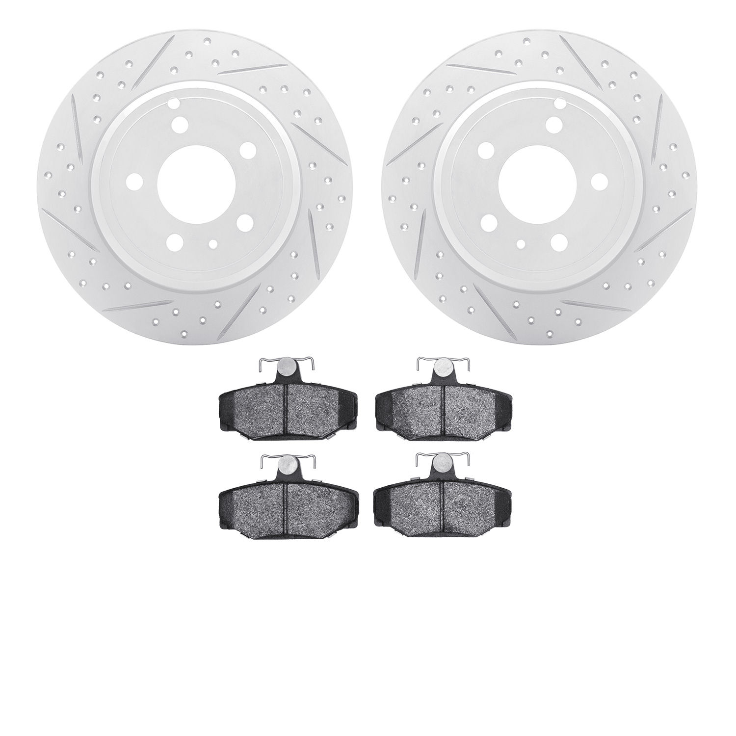 2602-27018 Geoperformance Drilled/Slotted Rotors w/5000 Euro Ceramic Brake Pads Kit, 1996-1997 Volvo, Position: Rear
