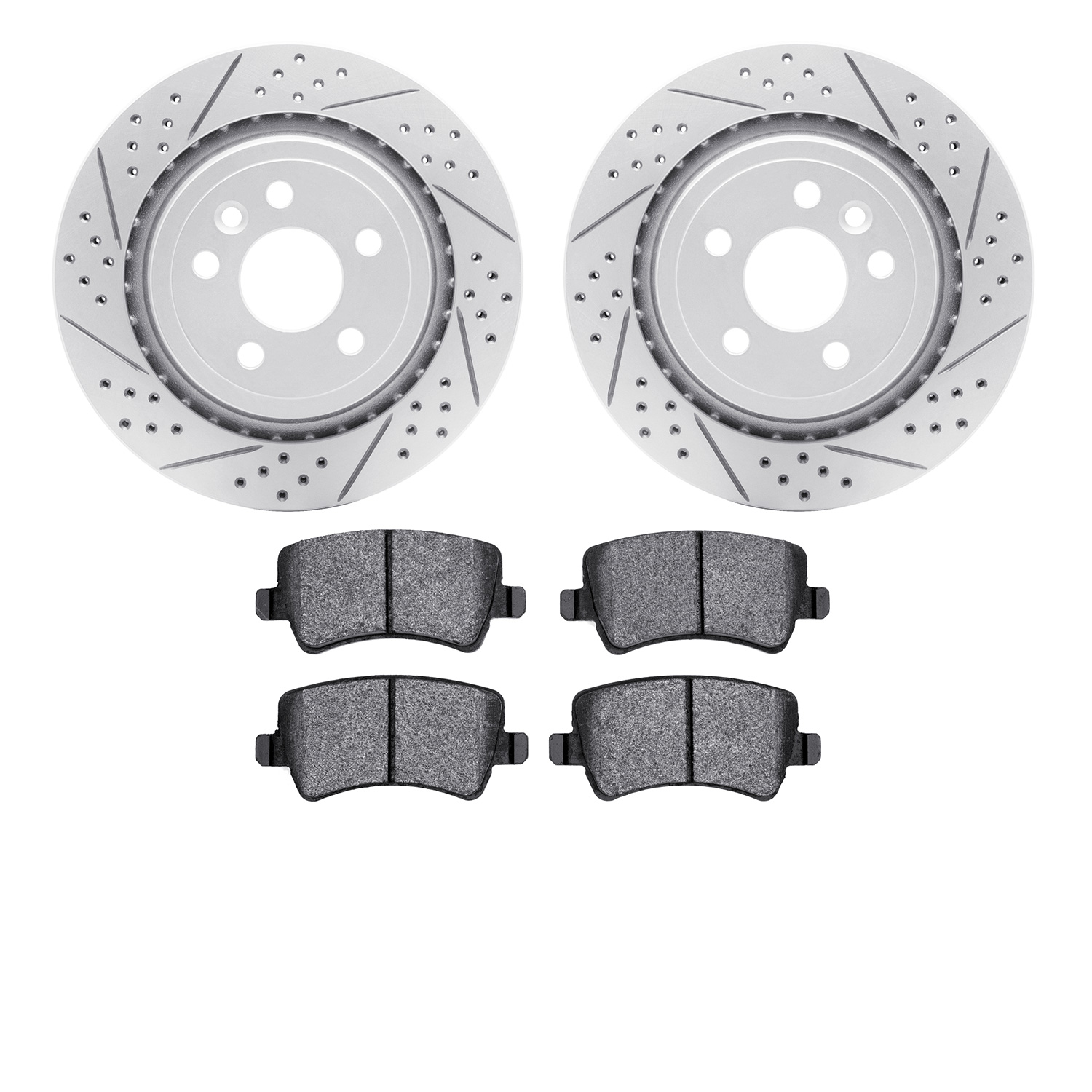 2602-27059 Geoperformance Drilled/Slotted Rotors w/5000 Euro Ceramic Brake Pads Kit, 2007-2015 Volvo, Position: Rear
