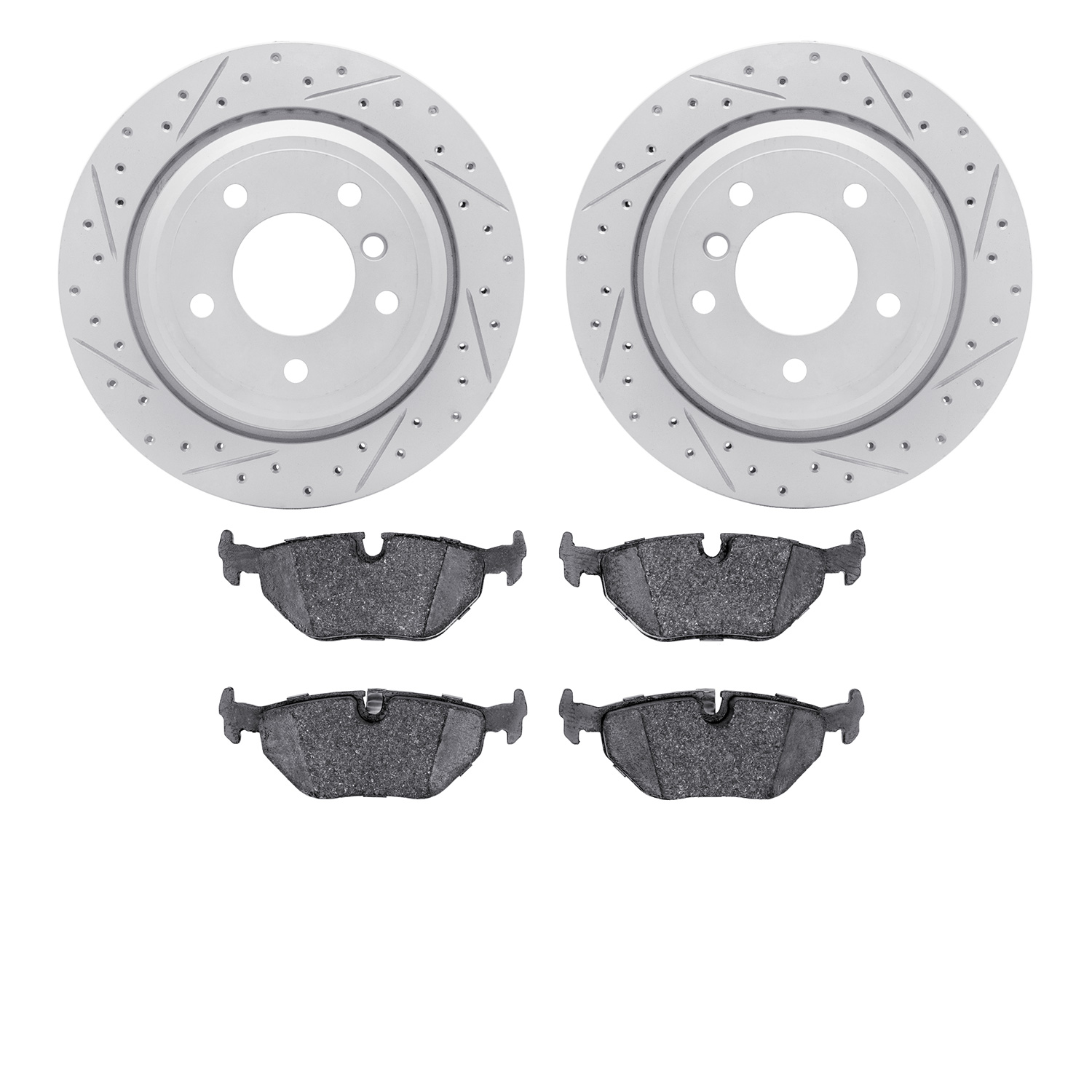 2602-31051 Geoperformance Drilled/Slotted Rotors w/5000 Euro Ceramic Brake Pads Kit, 1996-2003 BMW, Position: Rear