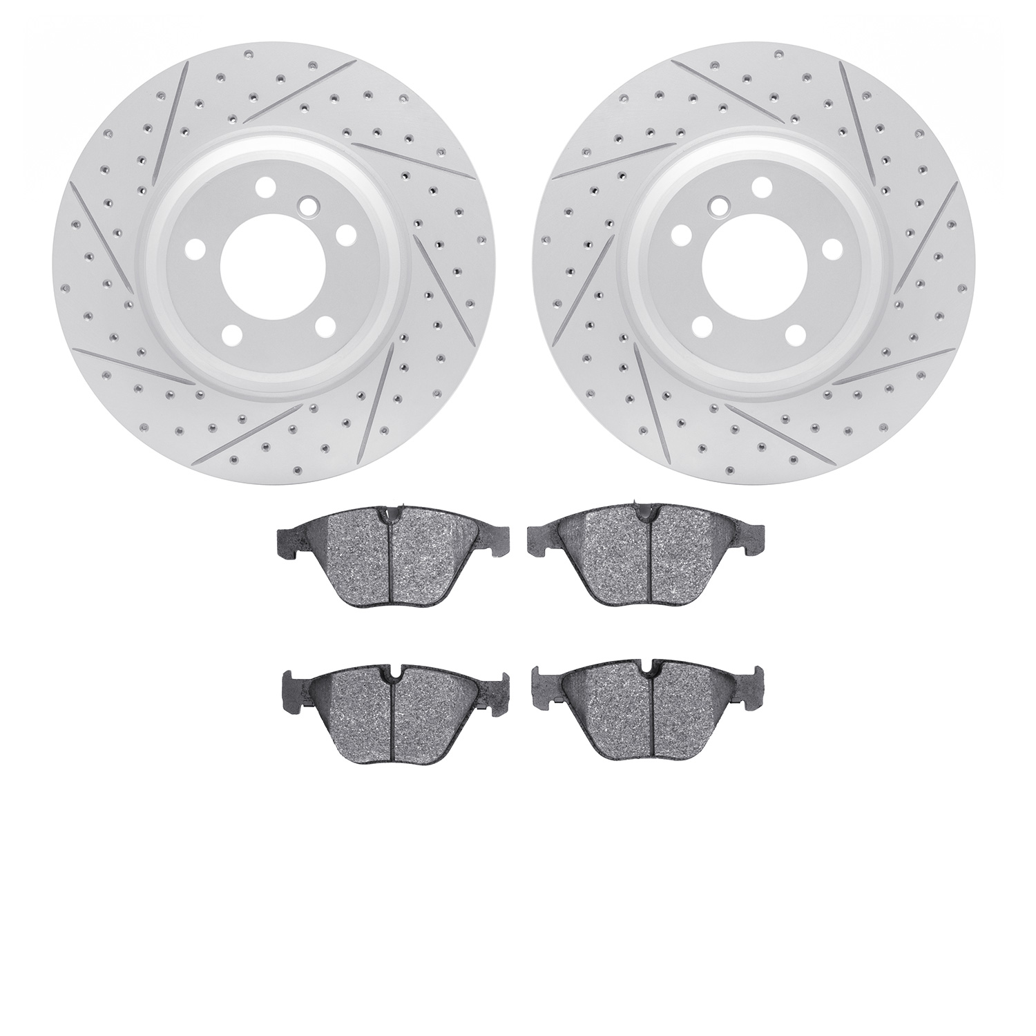2602-31144 Geoperformance Drilled/Slotted Rotors w/5000 Euro Ceramic Brake Pads Kit, 2007-2015 BMW, Position: Front
