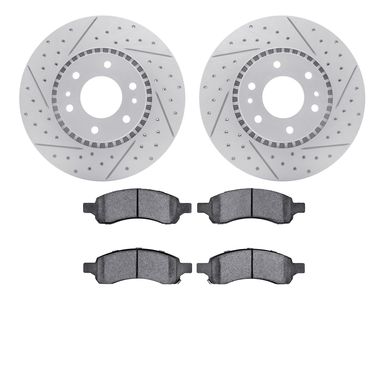 2602-48012 Geoperformance Drilled/Slotted Rotors w/5000 Euro Ceramic Brake Pads Kit, 2006-2009 GM, Position: Front