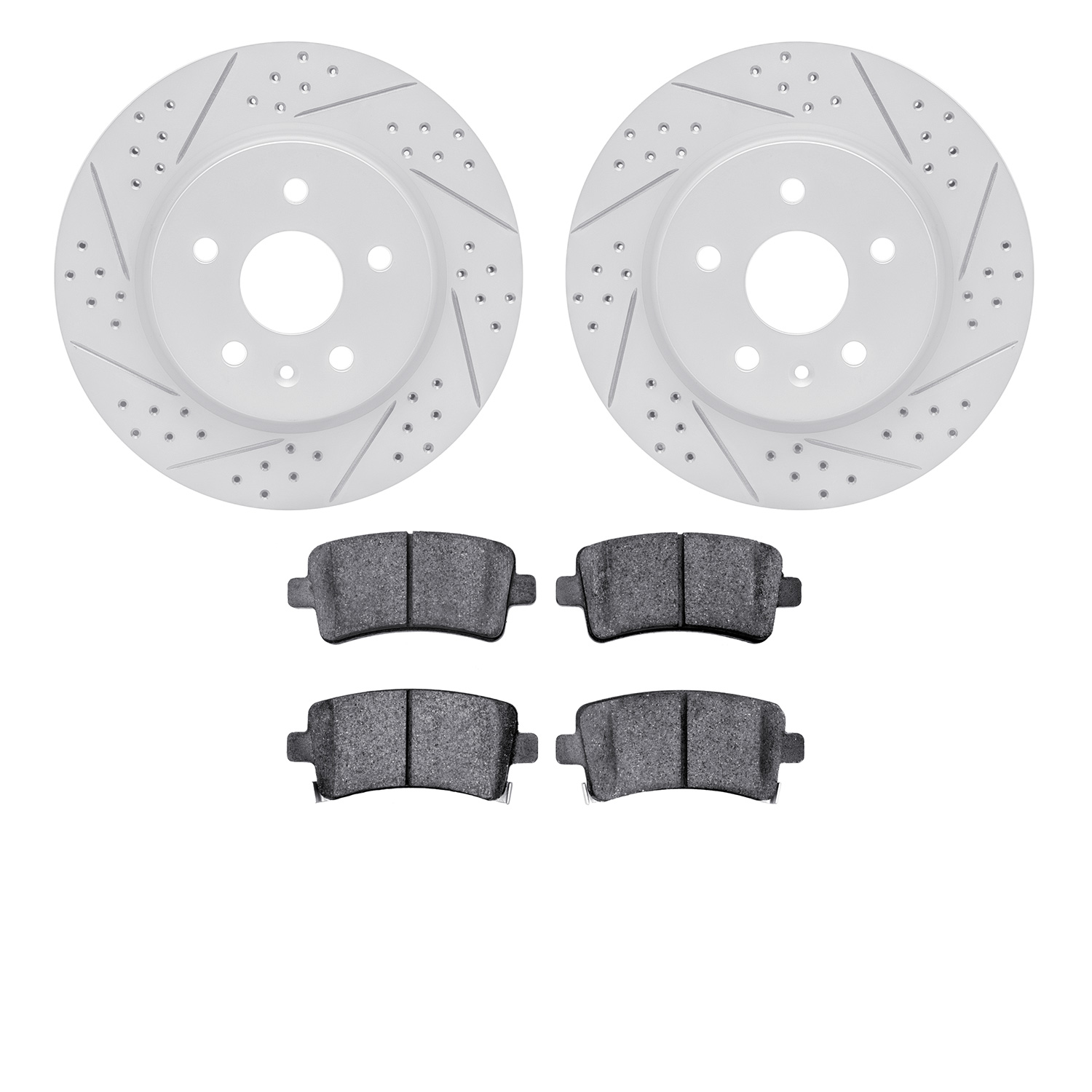 2602-65031 Geoperformance Drilled/Slotted Rotors w/5000 Euro Ceramic Brake Pads Kit, 2010-2020 GM, Position: Rear