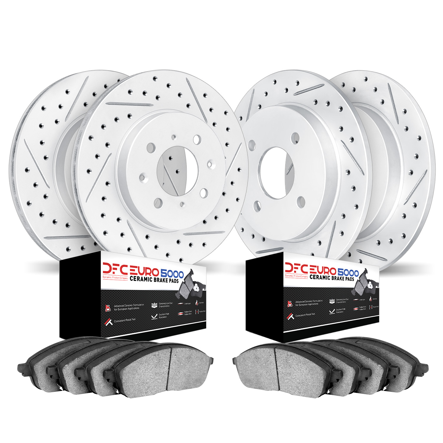 2604-07000 Geoperformance Drilled/Slotted Rotors w/5000 Euro Ceramic Brake Pads Kit, 2012-2019 Mopar, Position: Front and Rear