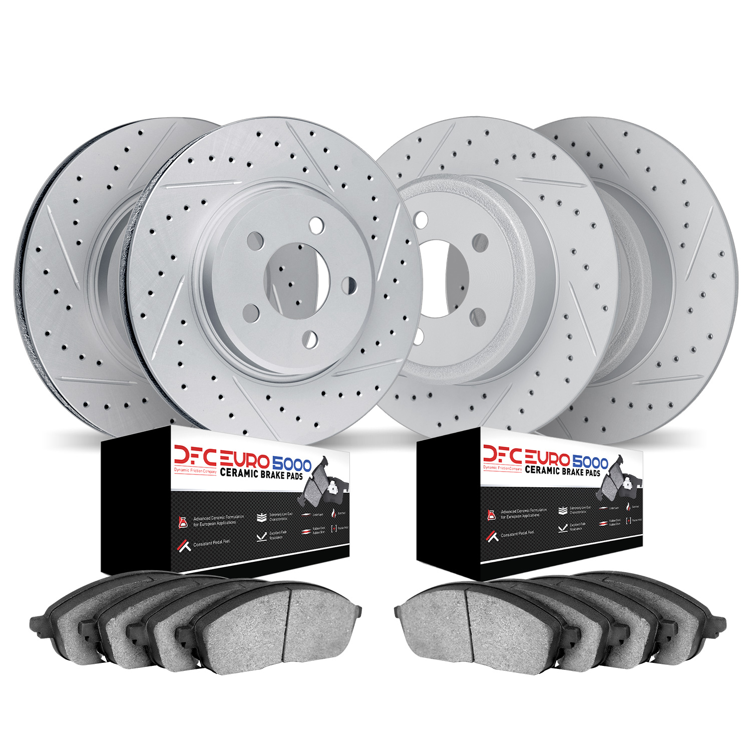 2604-07002 Geoperformance Drilled/Slotted Rotors w/5000 Euro Ceramic Brake Pads Kit, 2014-2019 Mopar, Position: Front and Rear
