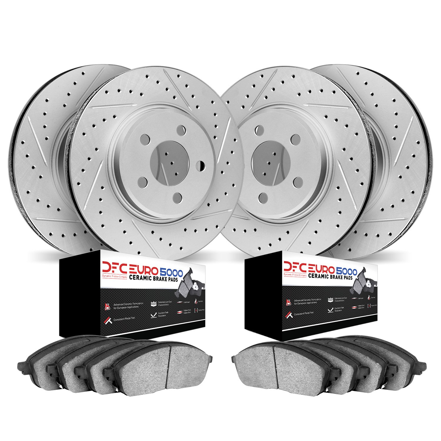 2604-11003 Geoperformance Drilled/Slotted Rotors w/5000 Euro Ceramic Brake Pads Kit, 2005-2007 Land Rover, Position: Front and R