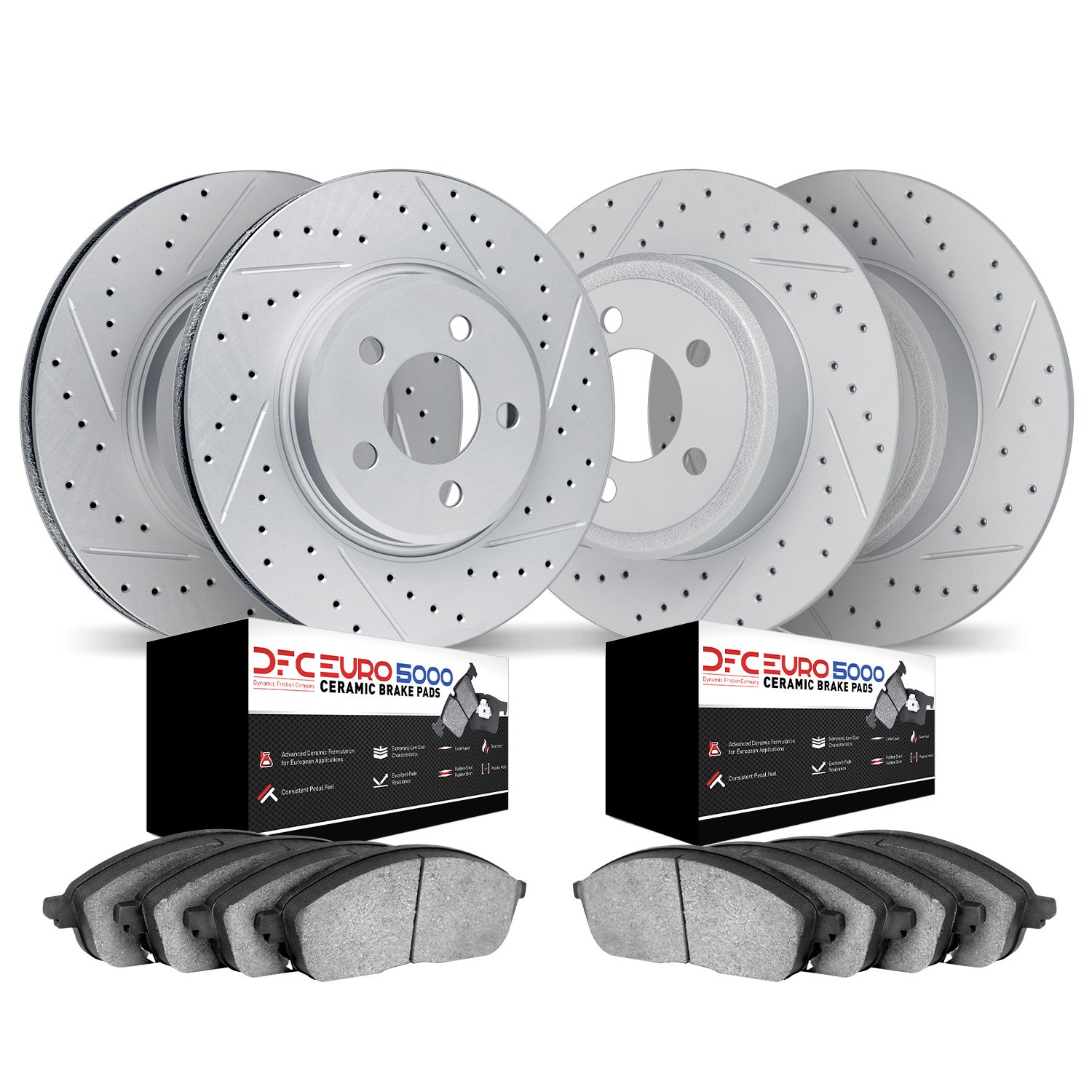 2604-27002 Geoperformance Drilled/Slotted Rotors w/5000 Euro Ceramic Brake Pads Kit, 1995-1997 Volvo, Position: Front and Rear