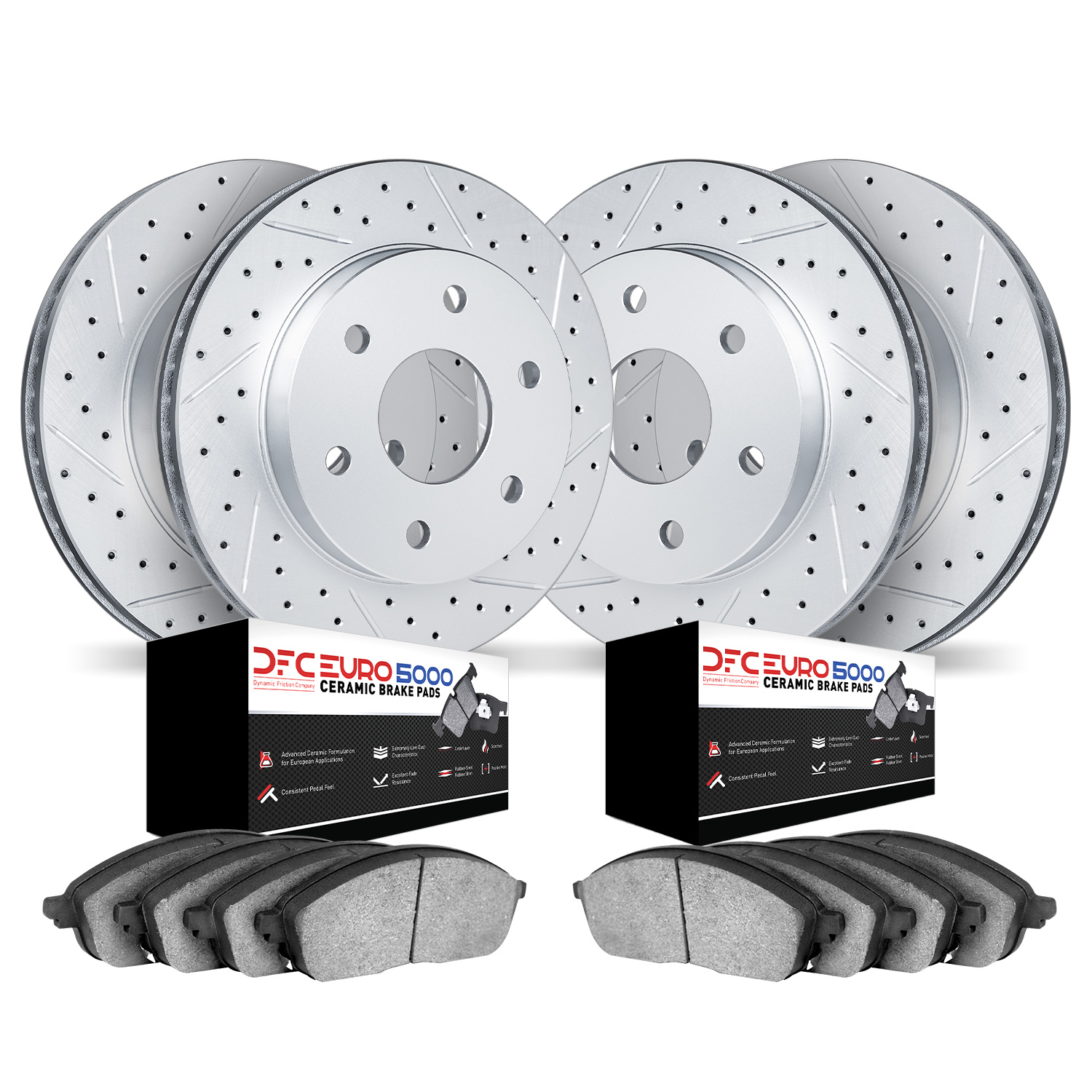 2604-46003 Geoperformance Drilled/Slotted Rotors w/5000 Euro Ceramic Brake Pads Kit, 2004-2009 GM, Position: Front and Rear