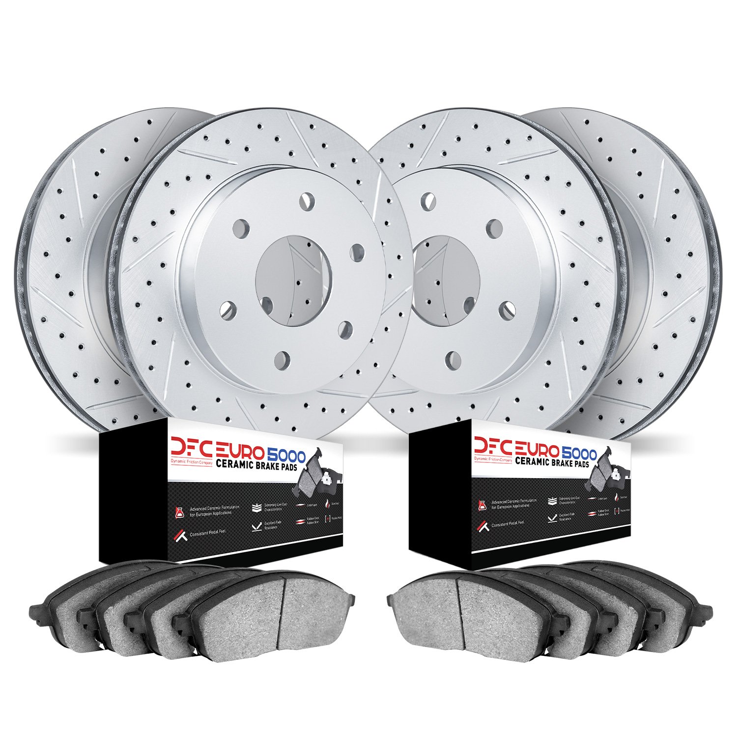 2604-47000 Geoperformance Drilled/Slotted Rotors w/5000 Euro Ceramic Brake Pads Kit, 2006-2009 GM, Position: Front and Rear